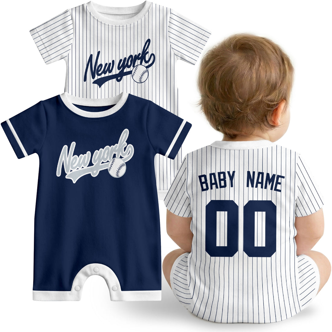 New York Y Baby wearing custom baseball-style romper in navy and white with personalized name and number, shown beside two additional sporty color variations
