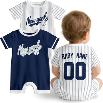New York Y Baby wearing custom baseball-style romper in navy and white with personalized name and number, shown beside two additional sporty color variations