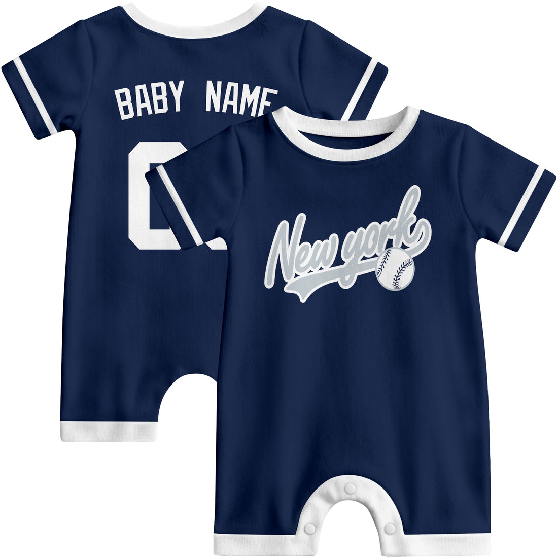 New York Y Baby wearing custom baseball-style romper in navy and white with personalized name and number, shown beside two additional sporty color variations