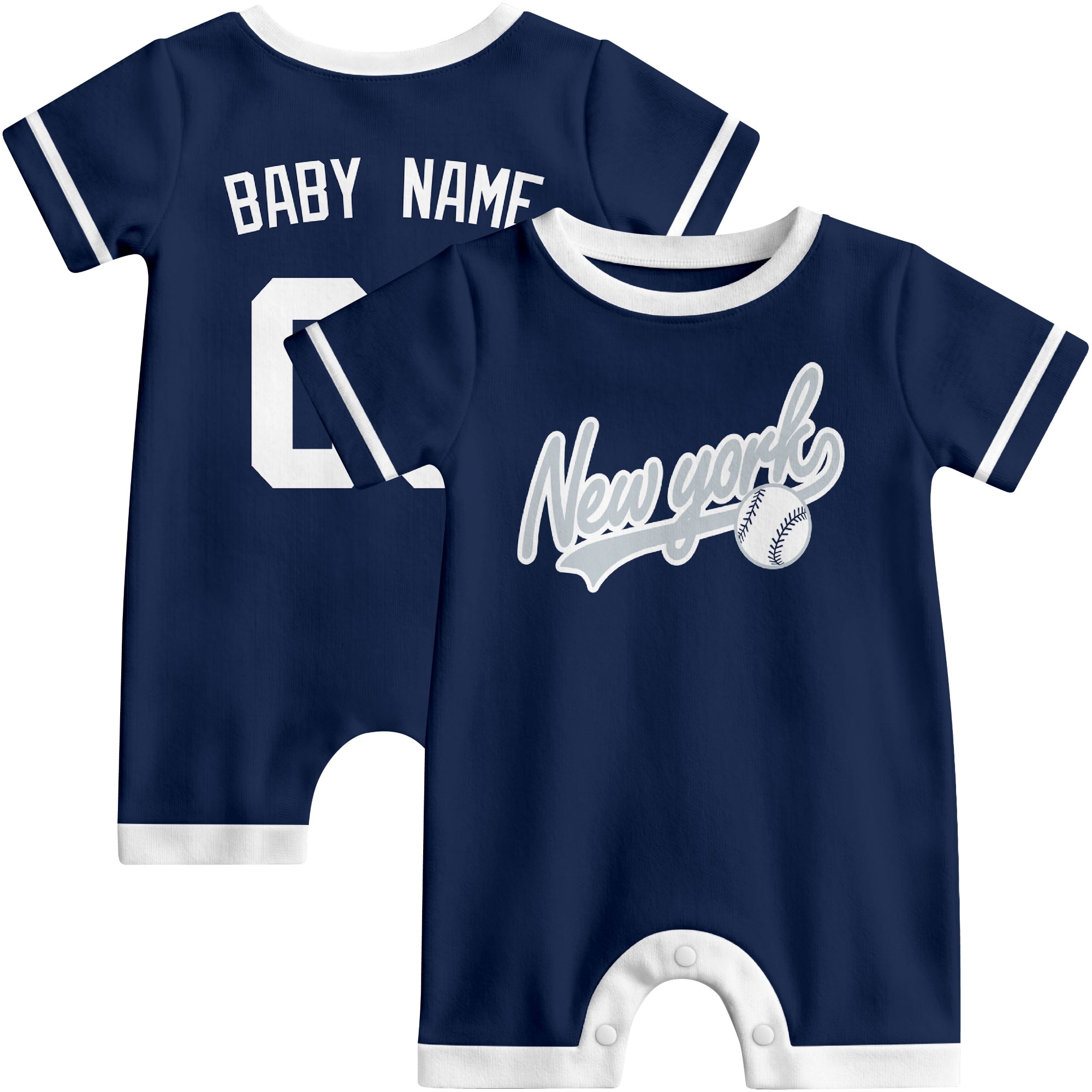 Front and back view of navy and white custom baseball-style baby romper