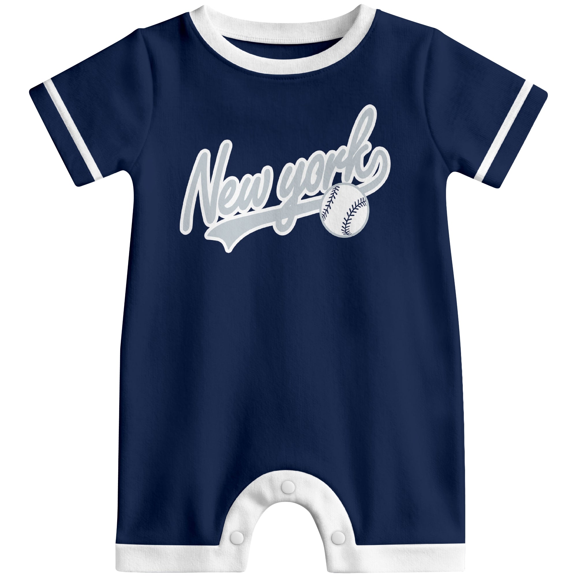 Front view of navy custom baseball-style baby romper with team-inspired text design