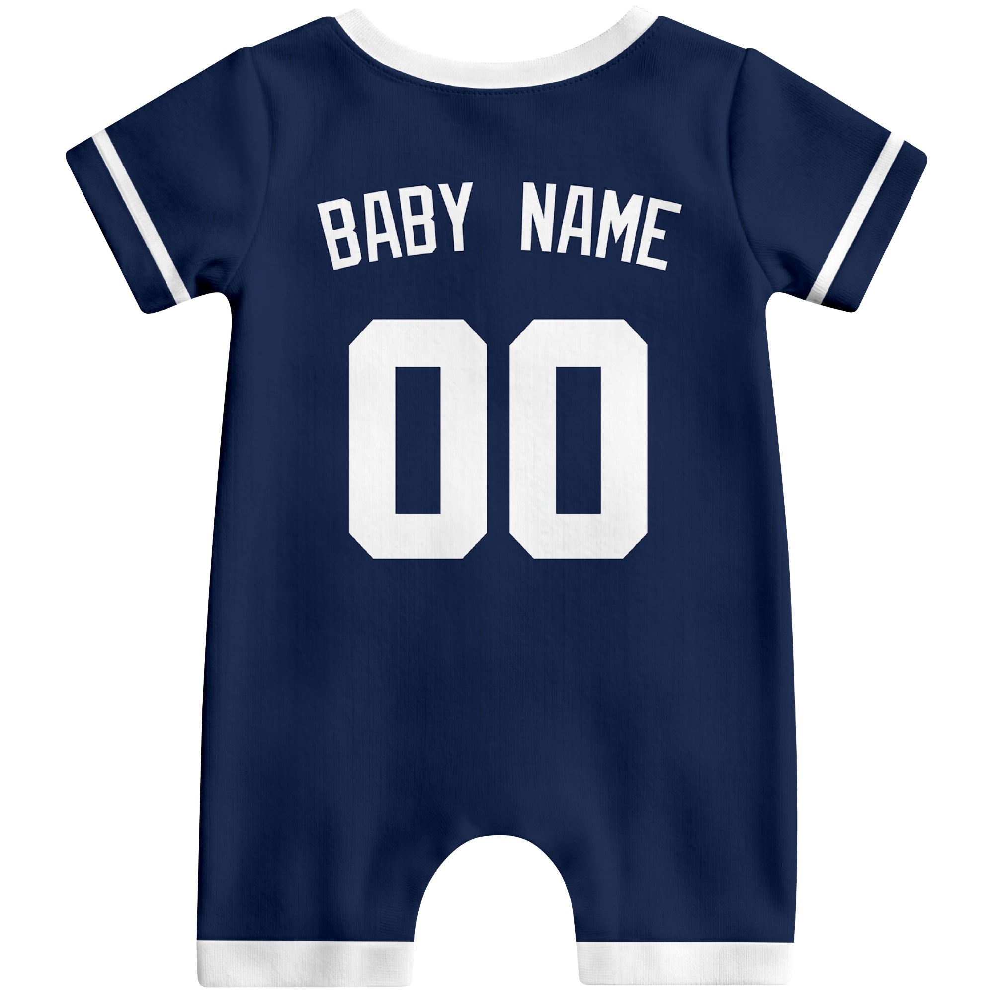 Back view of navy custom baby romper with personalized name and number