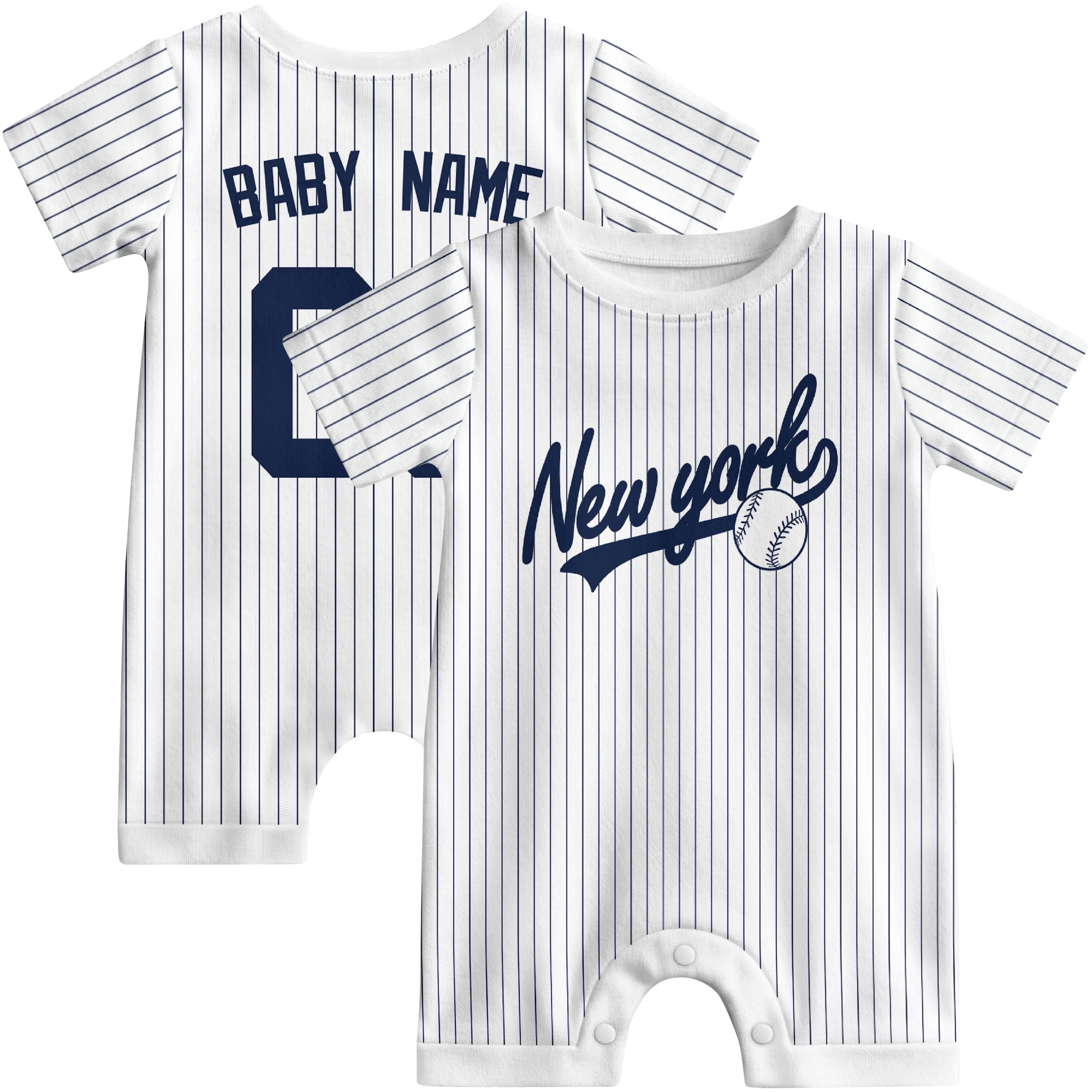 Front and back view of white custom baseball-style baby romper