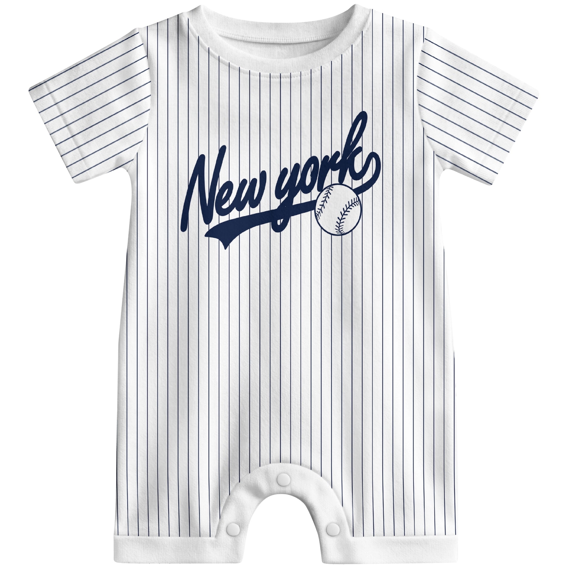 Front view of white custom baseball-style baby romper with team-inspired text design