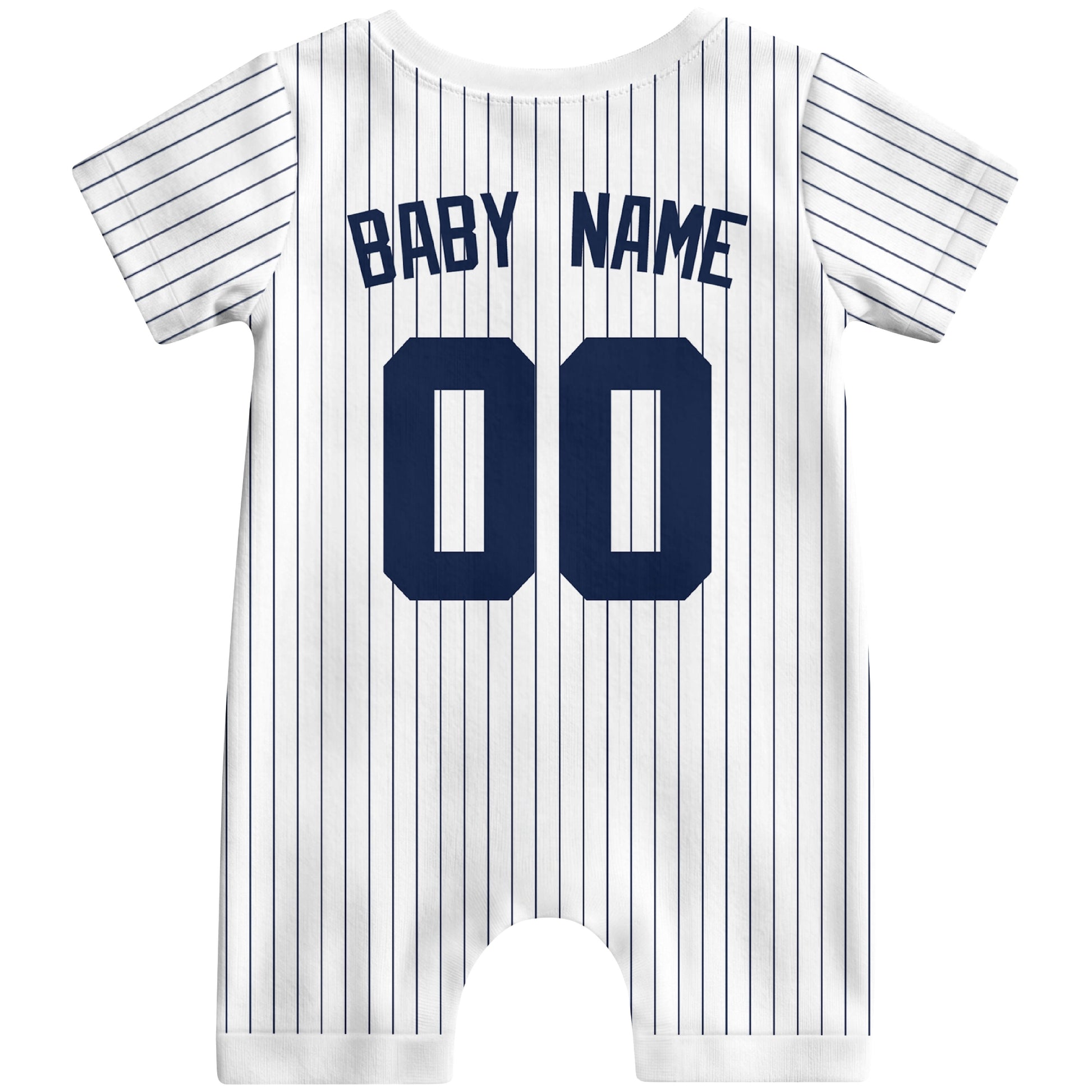 Back view of white custom baby romper with personalized name and number