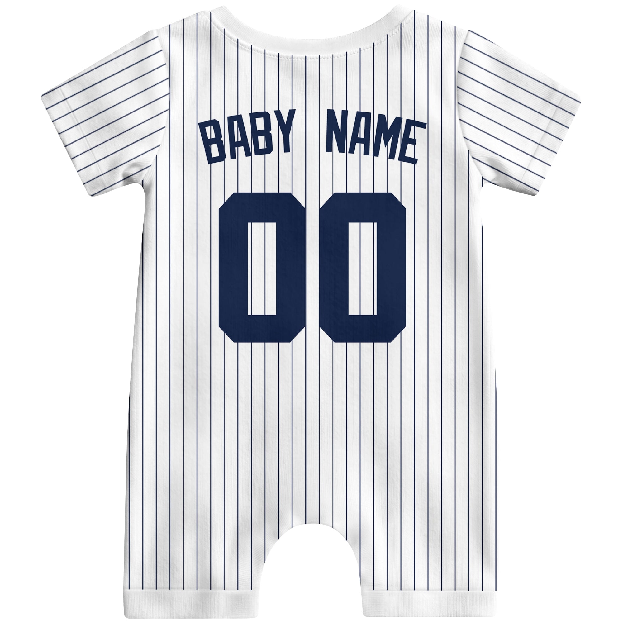 Back view of white custom baby romper with personalized name and number