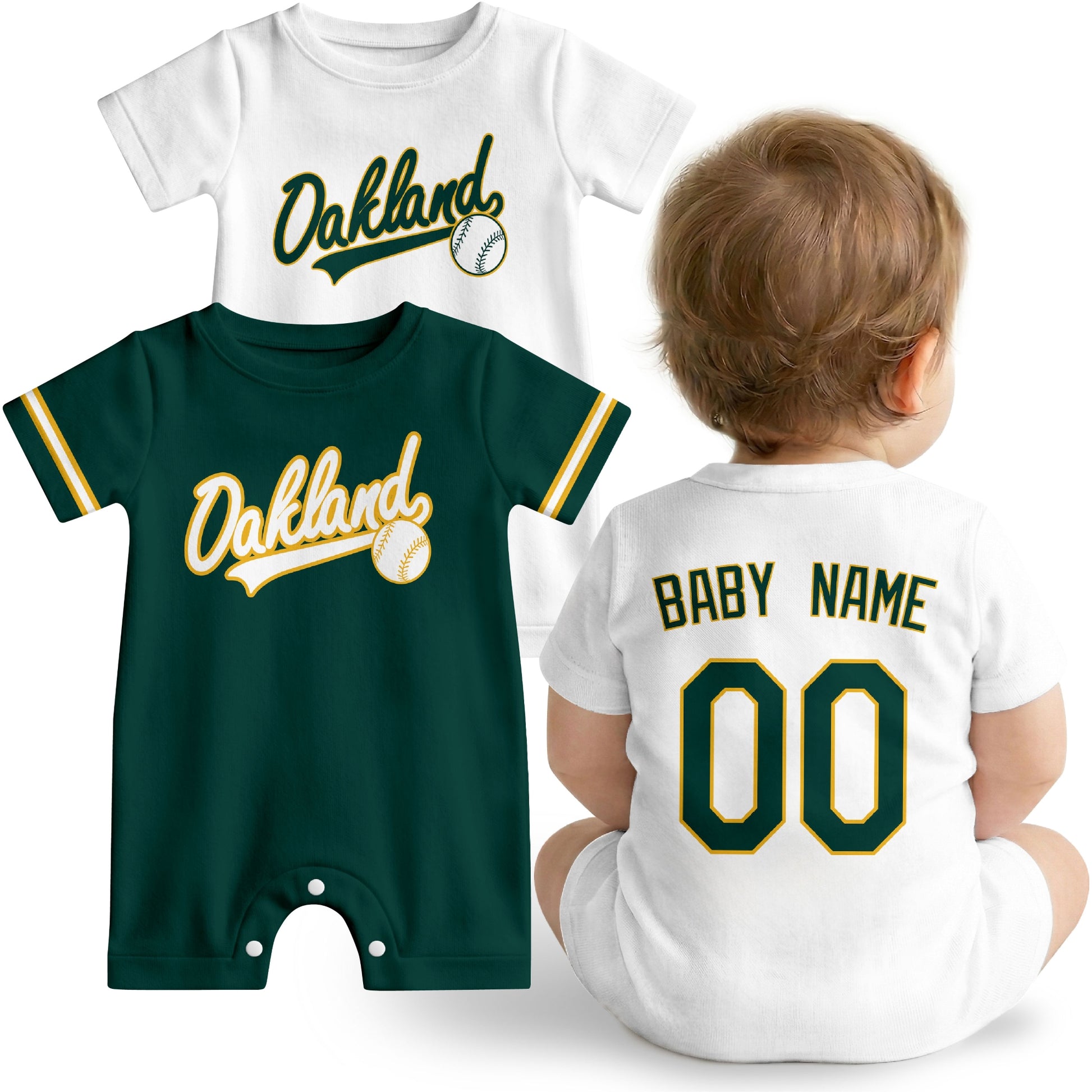Oakland Baby wearing custom baseball-style romper in green and yellow with personalized name and number, shown beside two additional sporty color variations