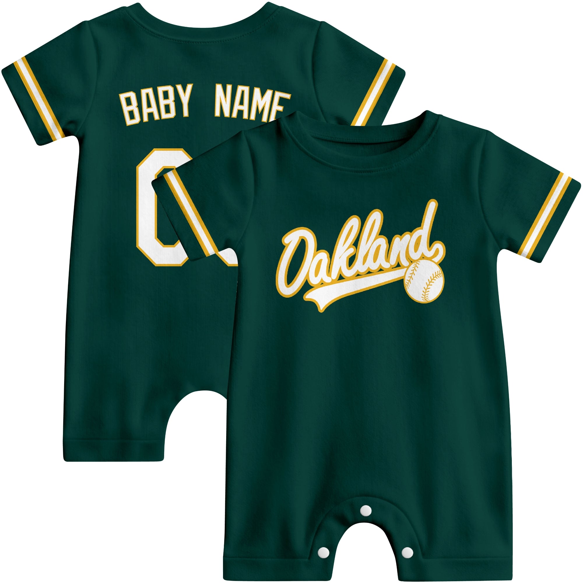 Front and back view of green and yellow custom baseball-style baby romper