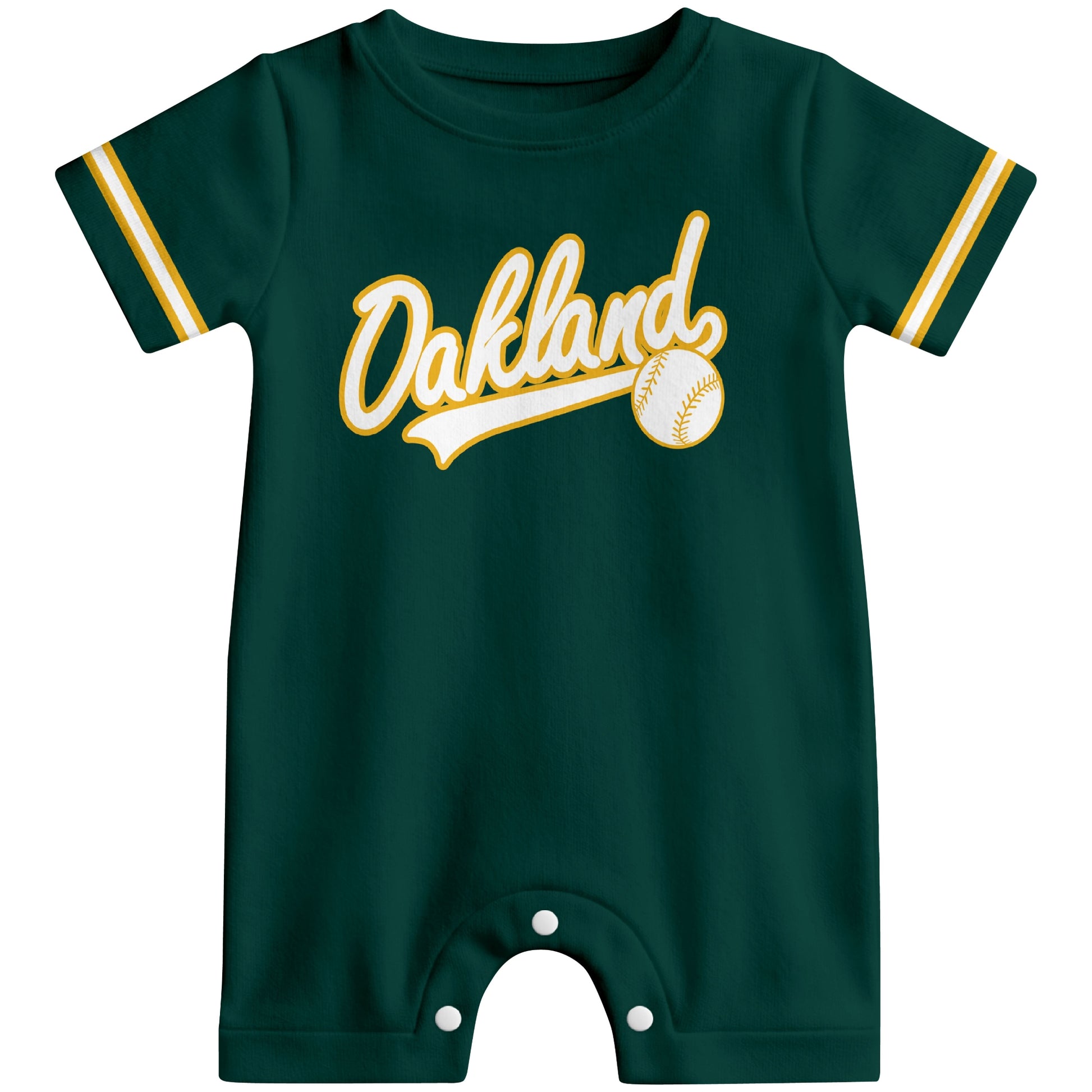 Front view of green custom baseball-style baby romper with team-inspired text design