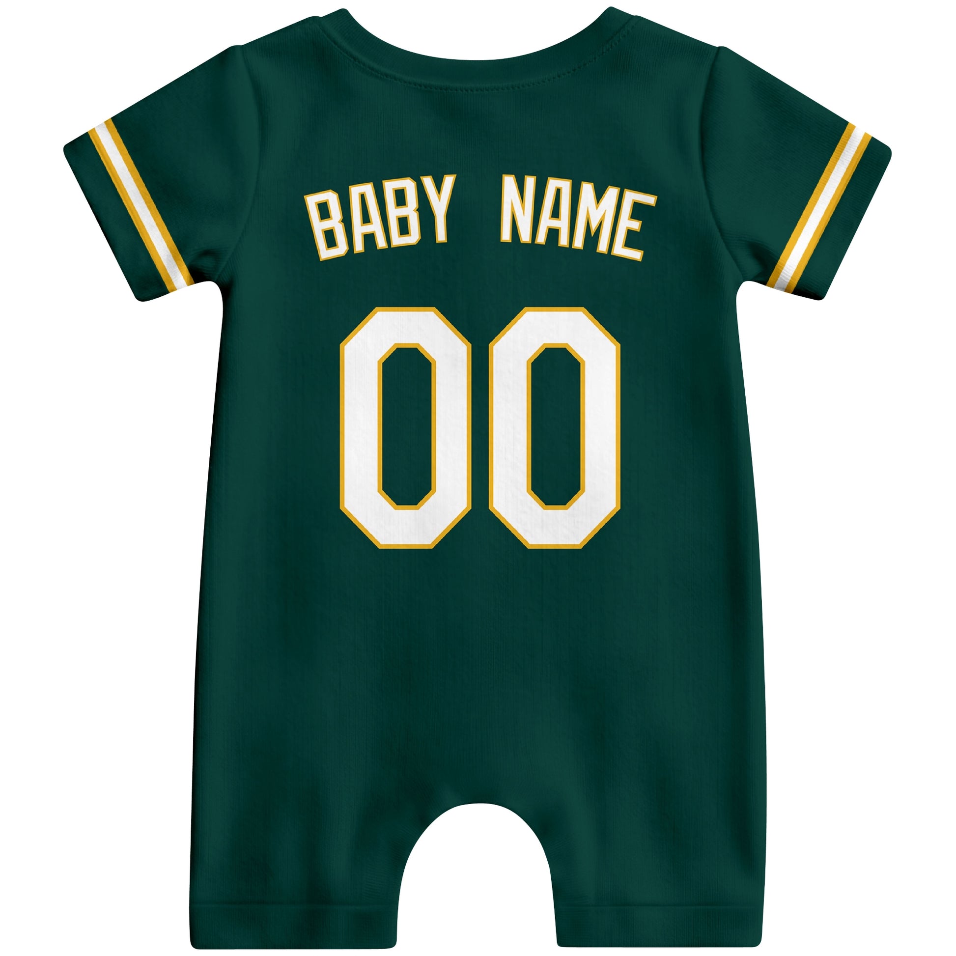 Back view of green custom baby romper with personalized name and number