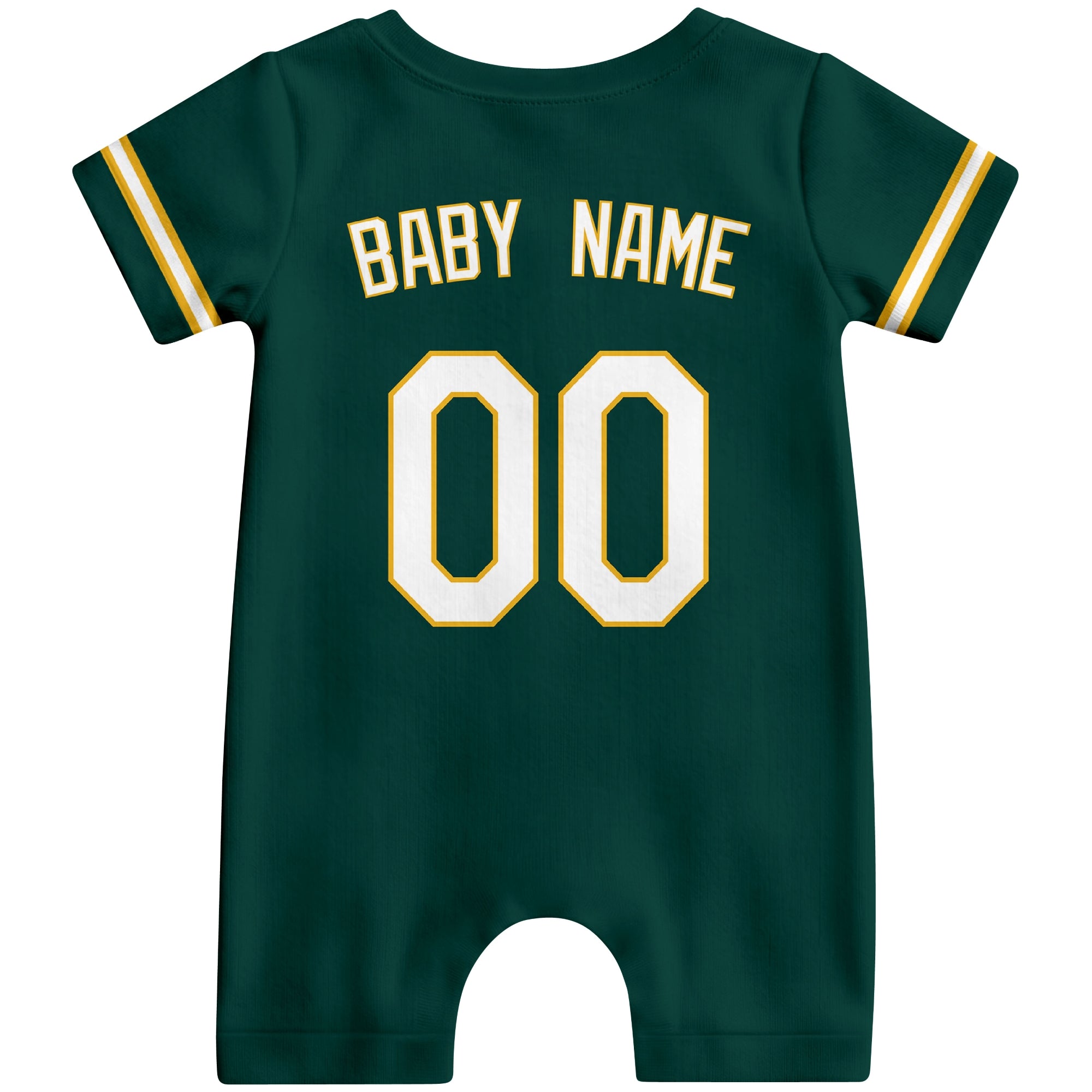 Back view of green custom baby romper with personalized name and number
