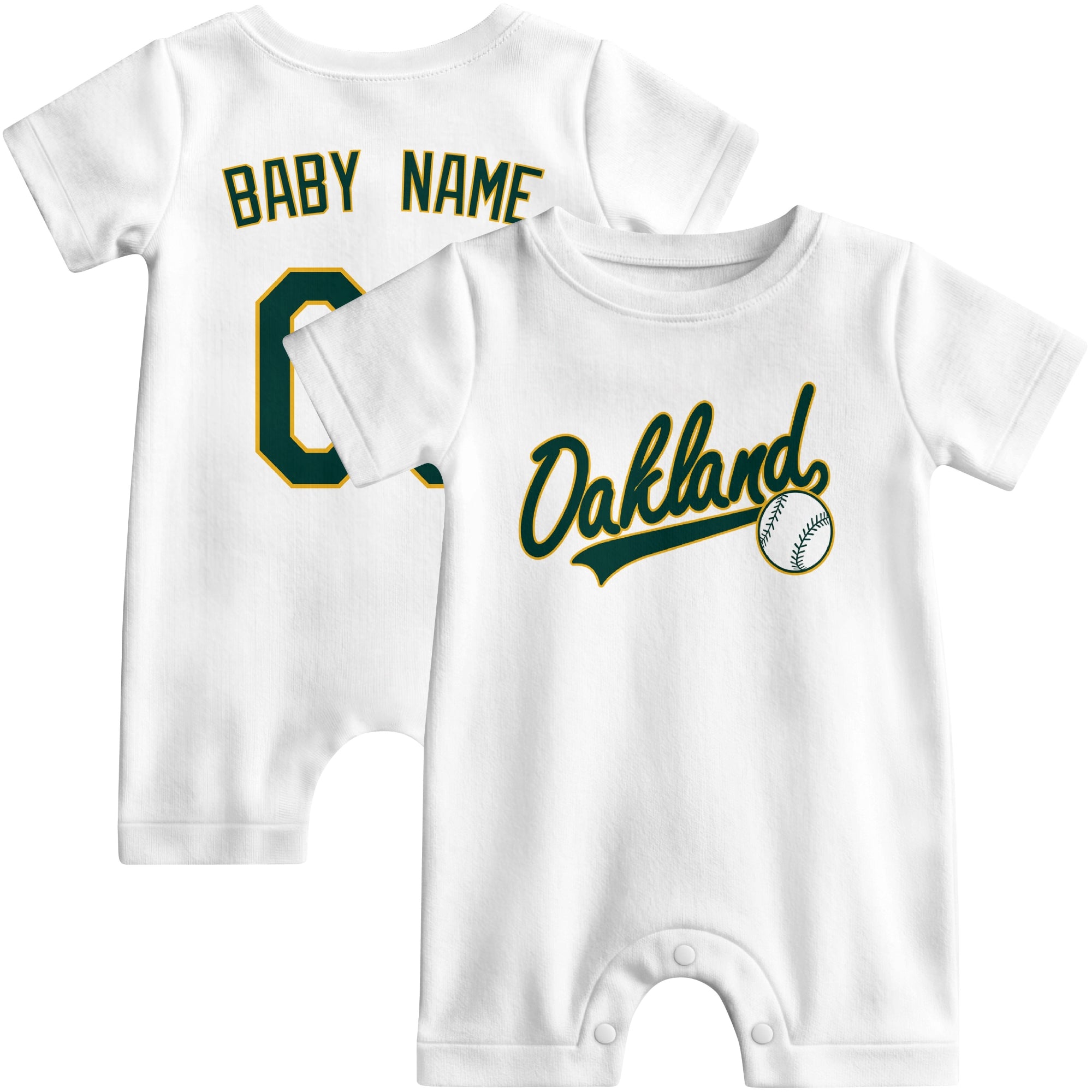Front and back view of yellow custom baseball-style baby romper