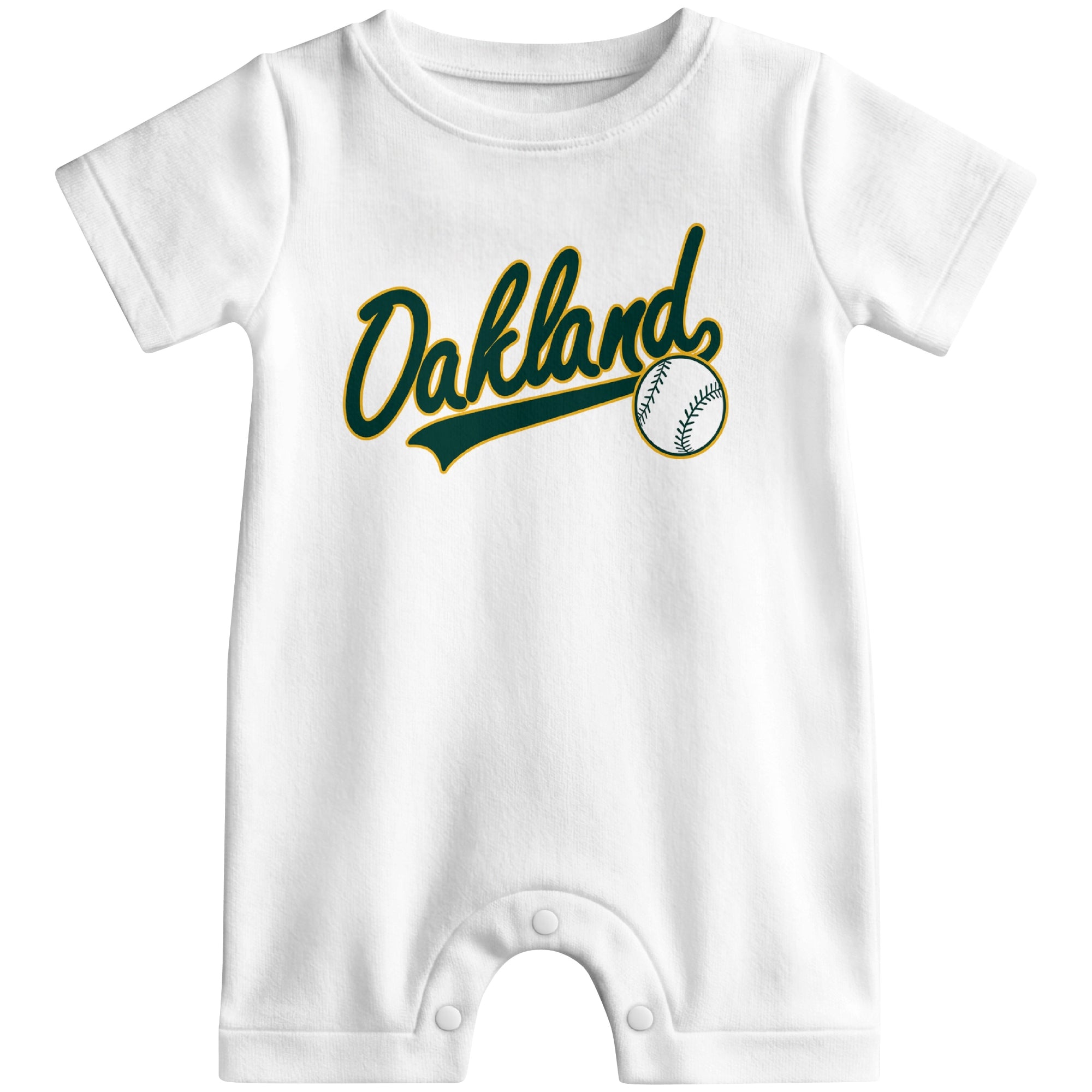 Front view of yellow custom baseball-style baby romper with team-inspired text design