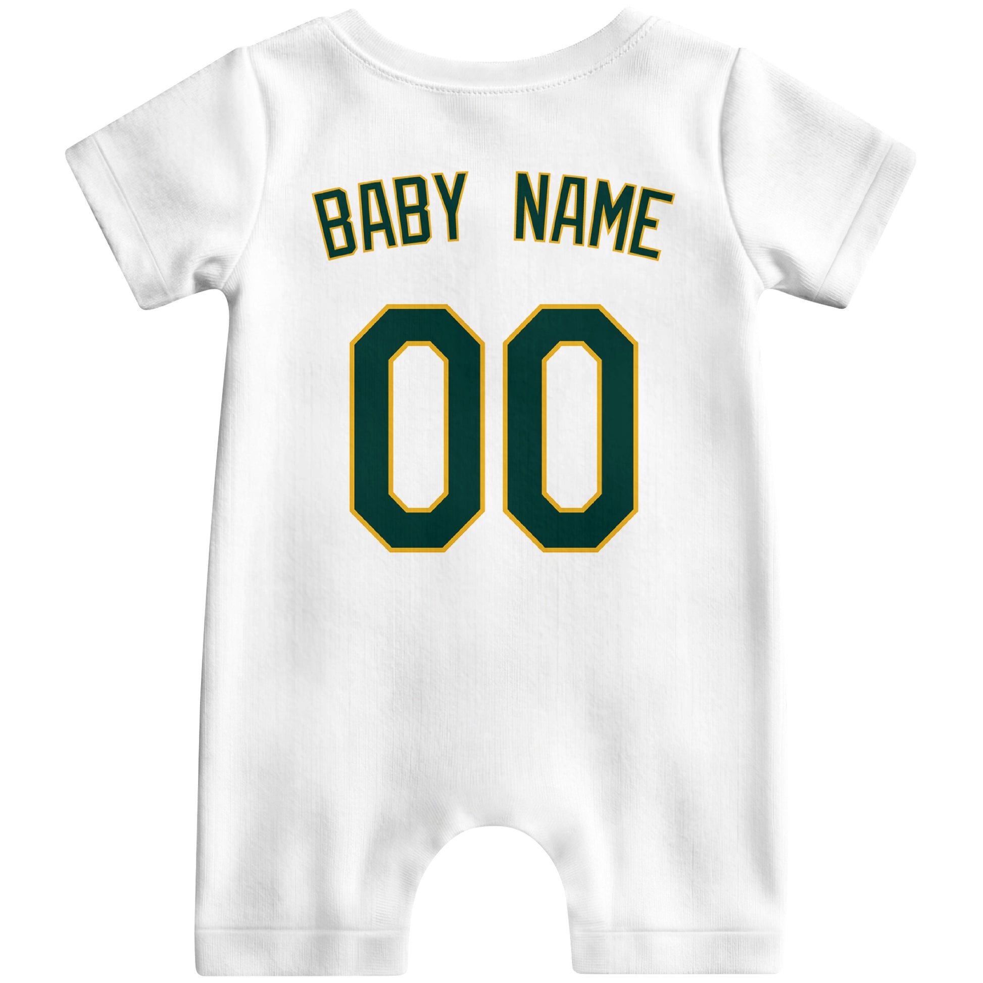 Back view of yellow custom baby romper with personalized name and number