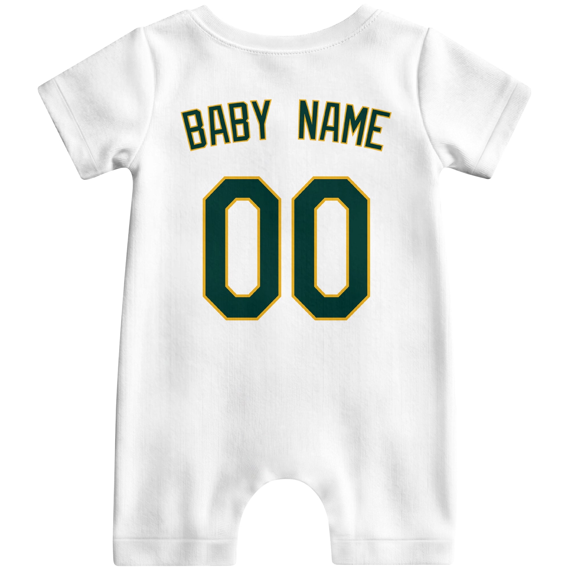 Back view of yellow custom baby romper with personalized name and number