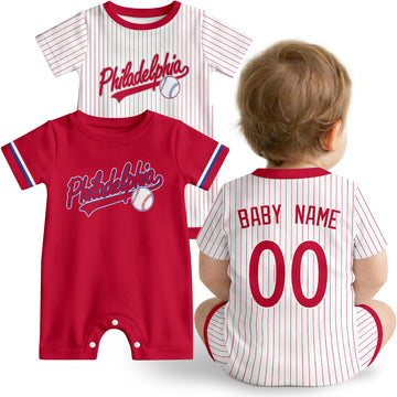 Philadelphia Baby wearing custom baseball-style romper in red and white with personalized name and number, shown beside two additional sporty color variations
