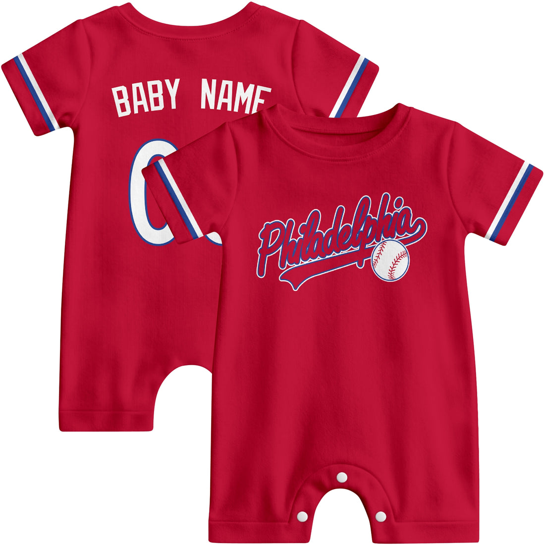 Philadelphia Baby wearing custom baseball-style romper in red and white with personalized name and number, shown beside two additional sporty color variations