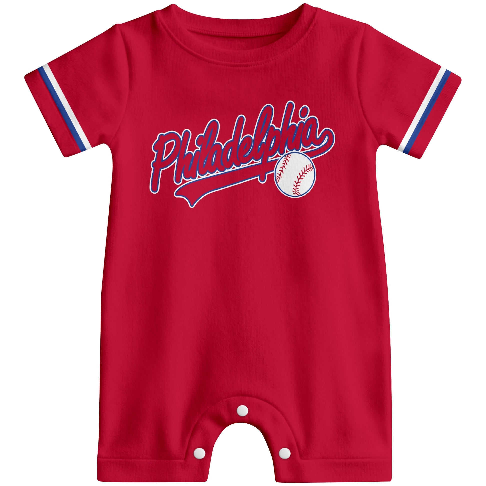 Front view of red custom baseball-style baby romper with team-inspired text design