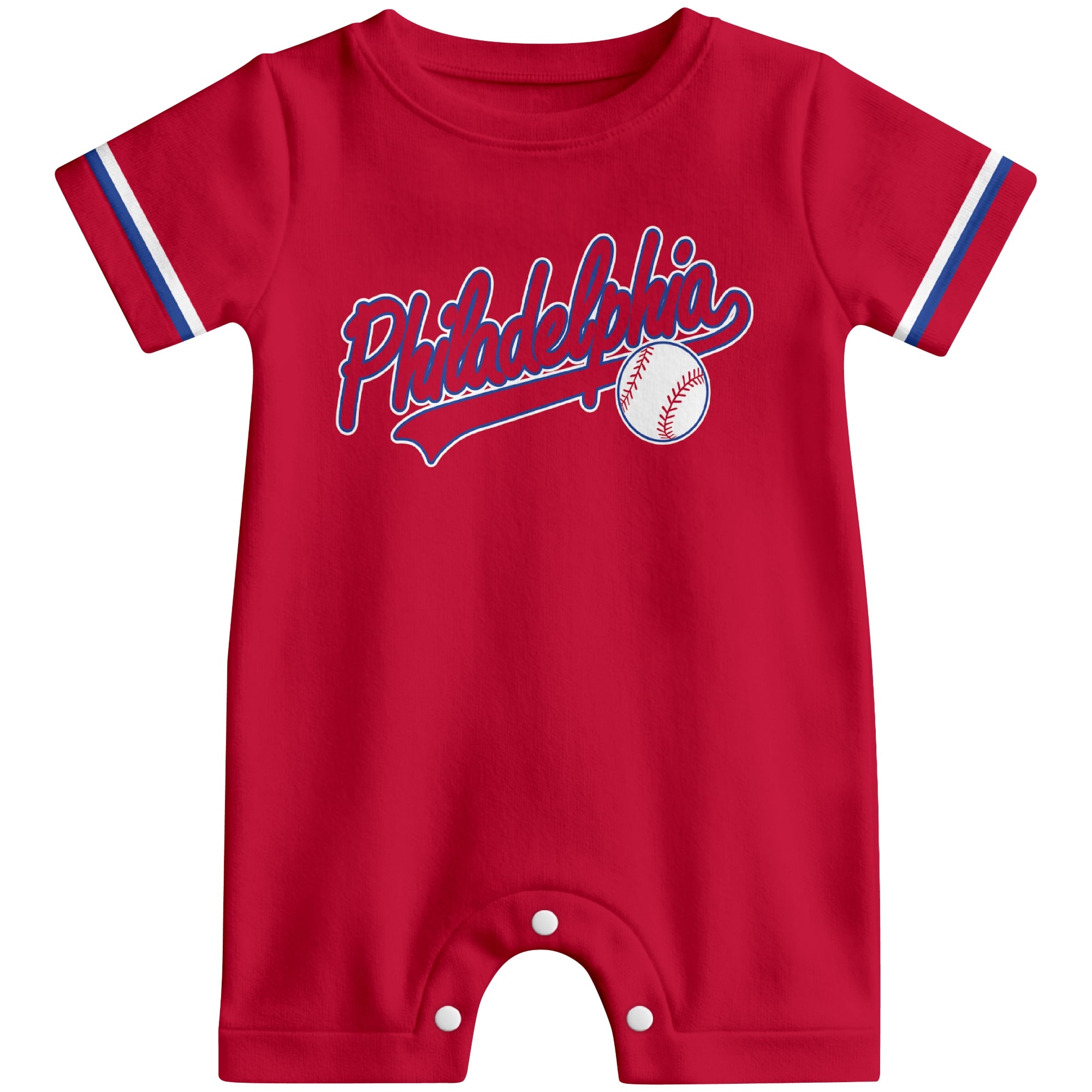 Front view of red custom baseball-style baby romper with team-inspired text design
