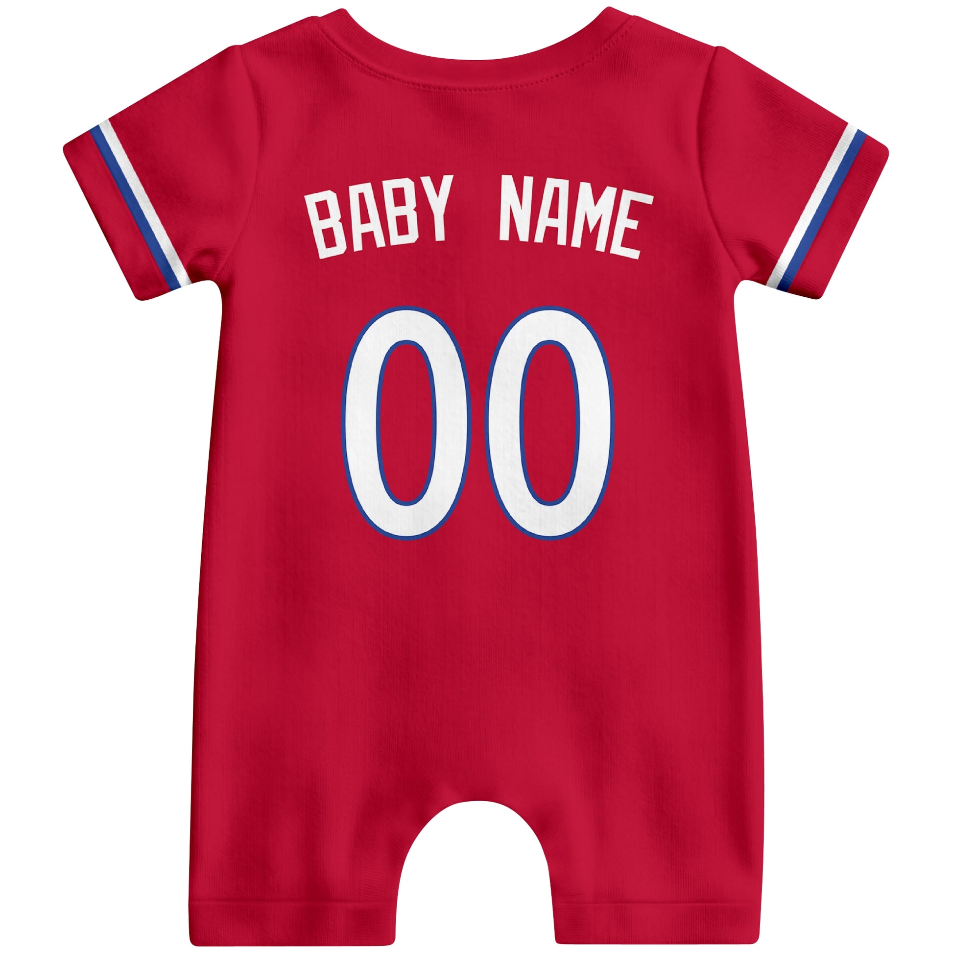 Back view of red custom baby romper with personalized name and number