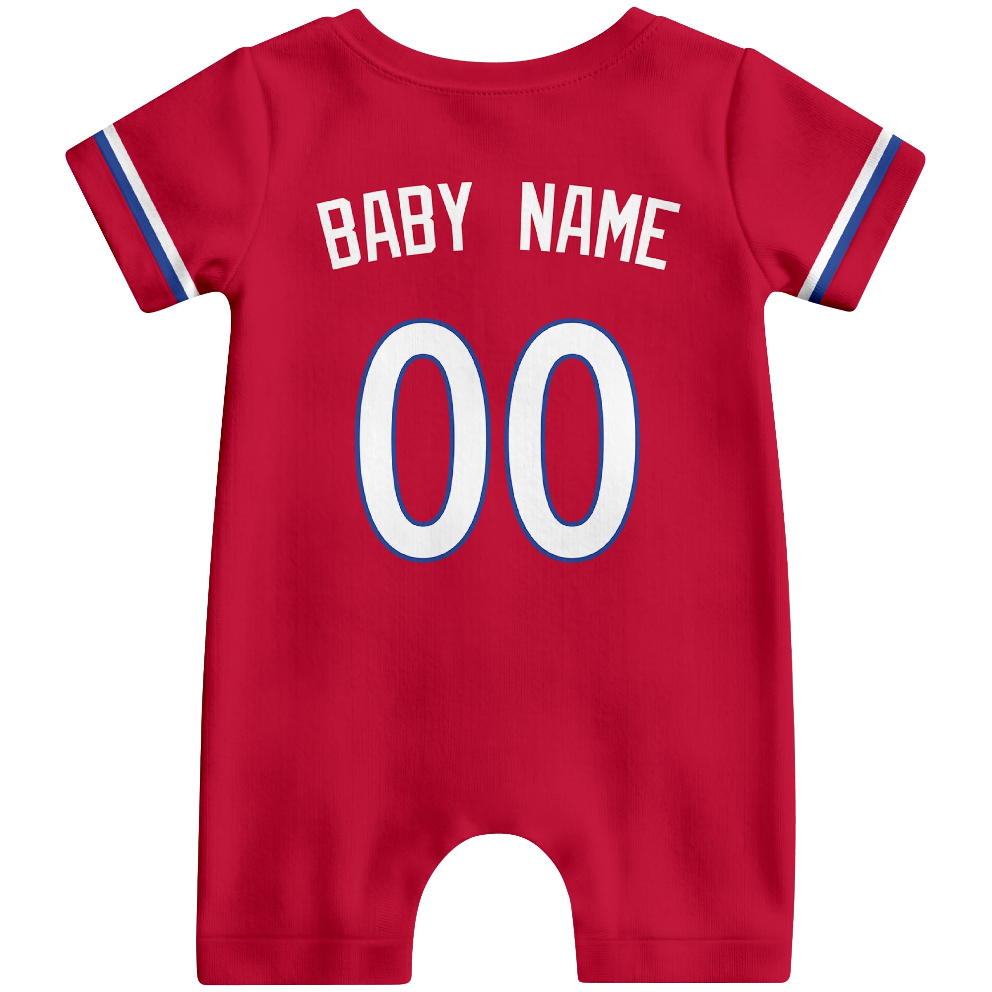 Back view of red custom baby romper with personalized name and number