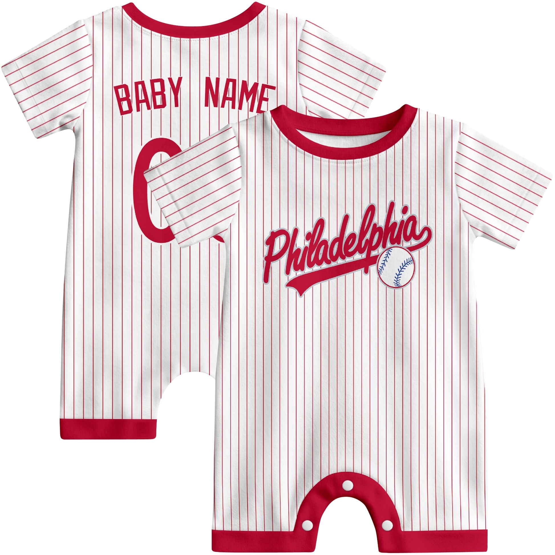 Front and back view of white custom baseball-style baby romper