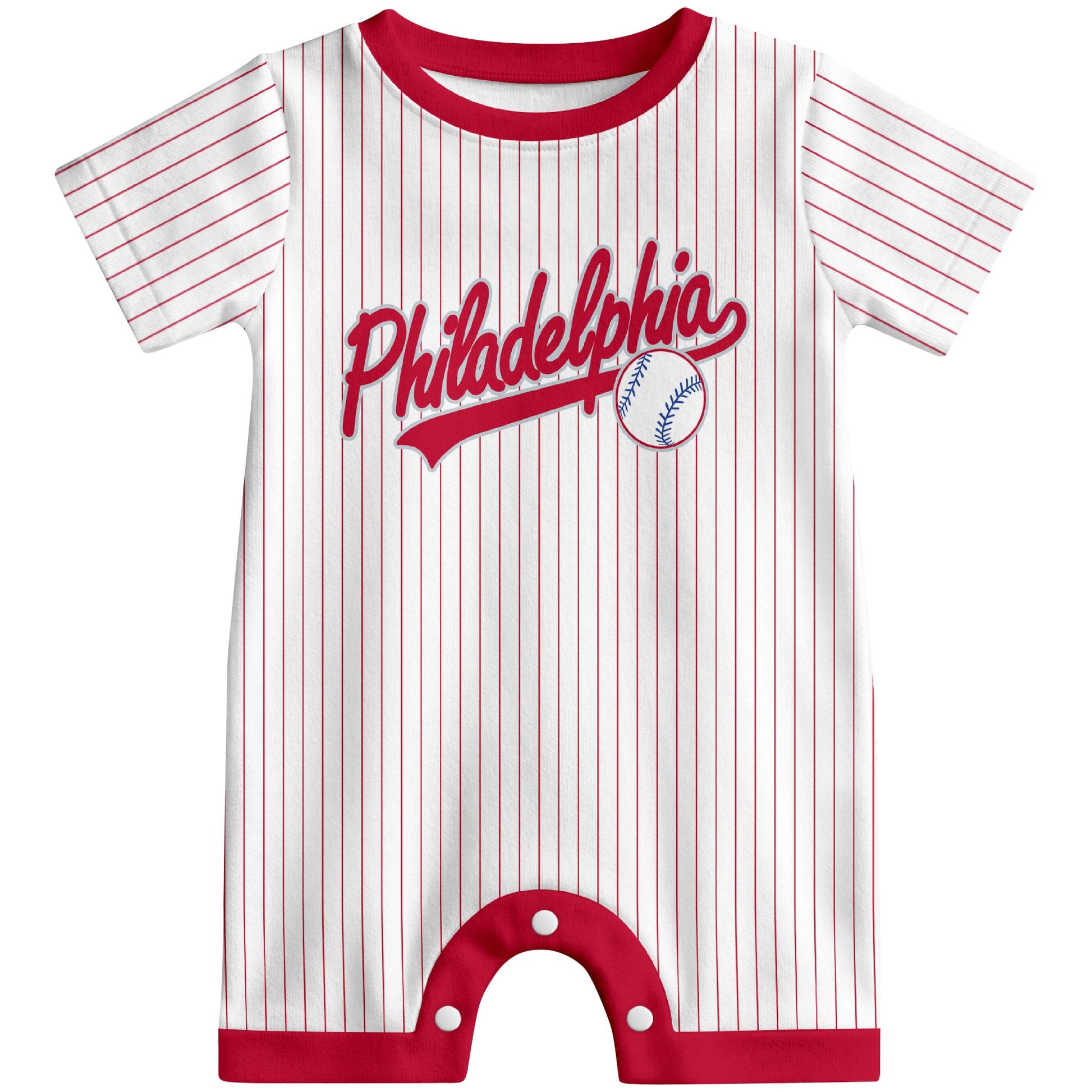 Front view of white custom baseball-style baby romper with team-inspired text design