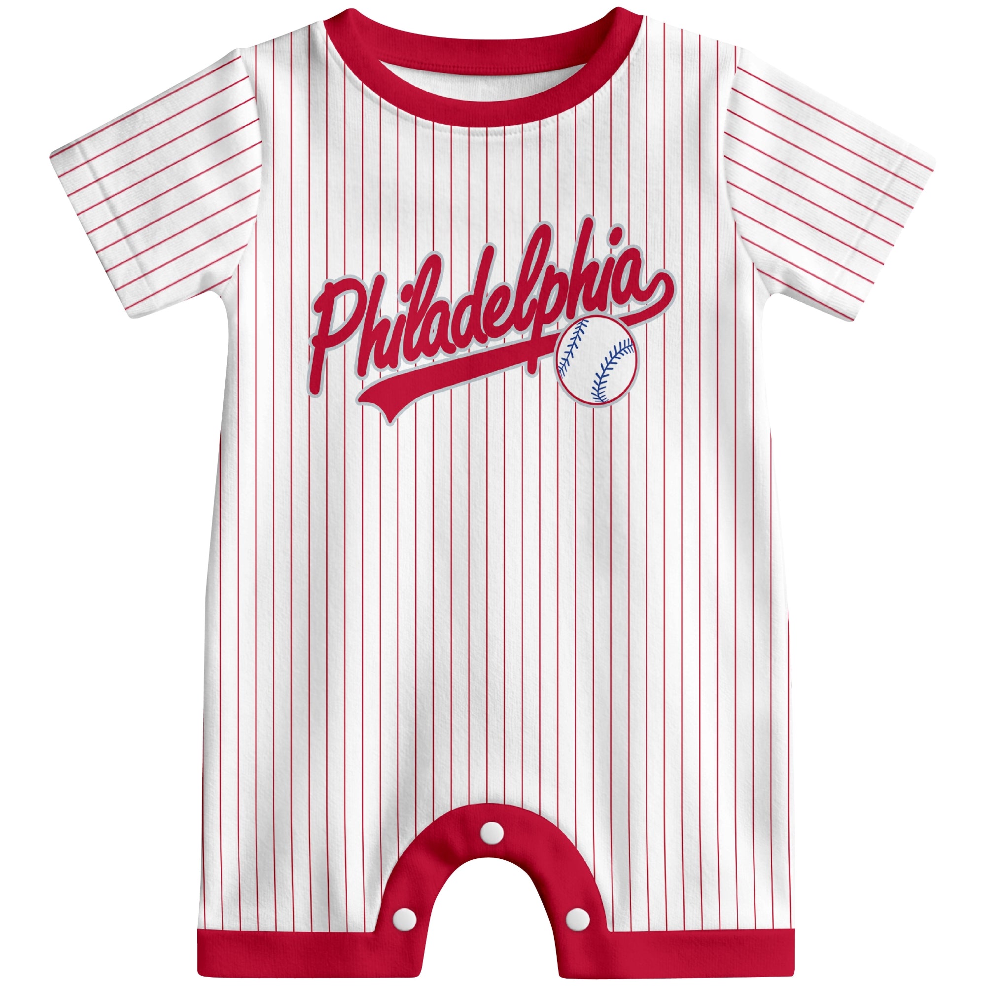 Front view of white custom baseball-style baby romper with team-inspired text design