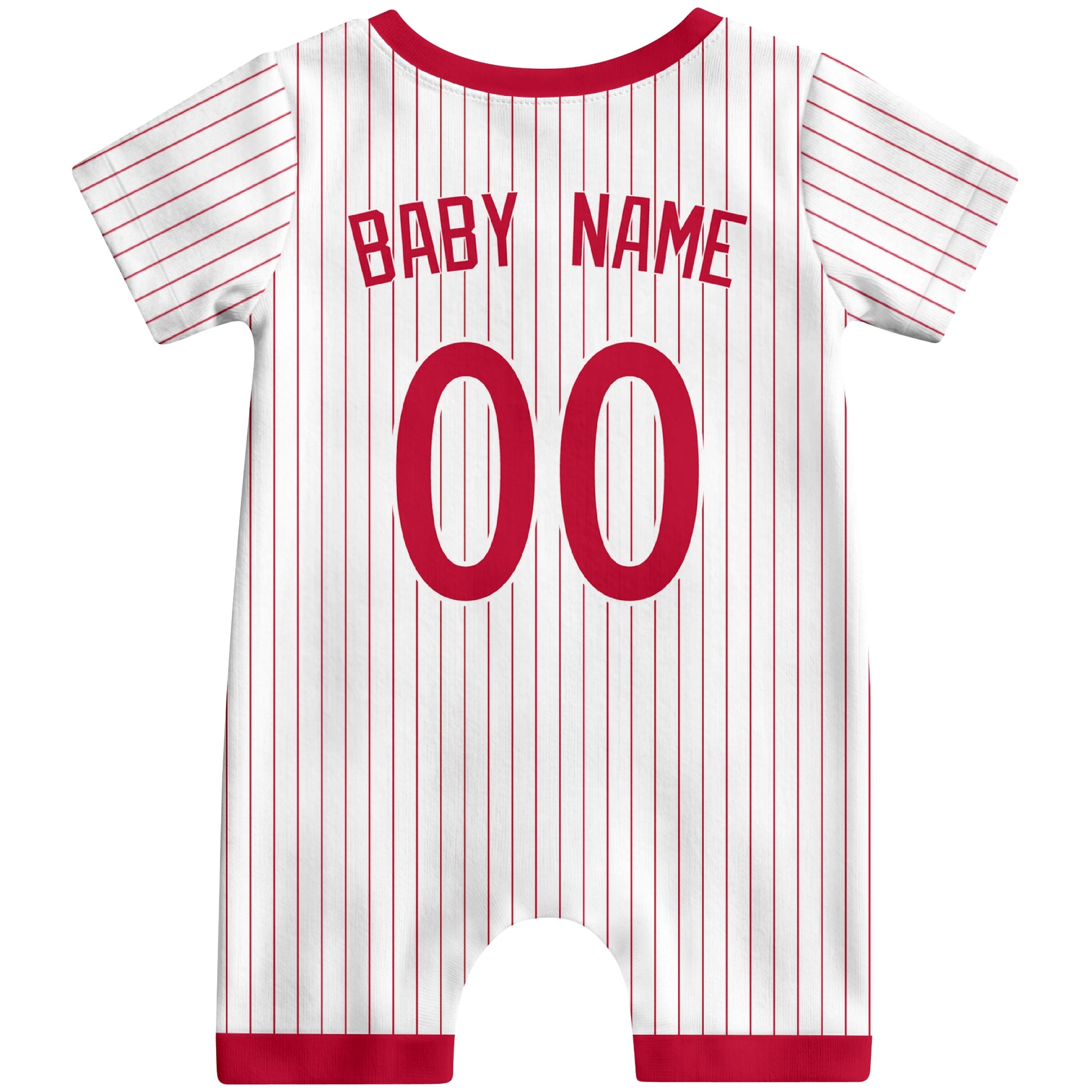 Back view of white custom baby romper with personalized name and number