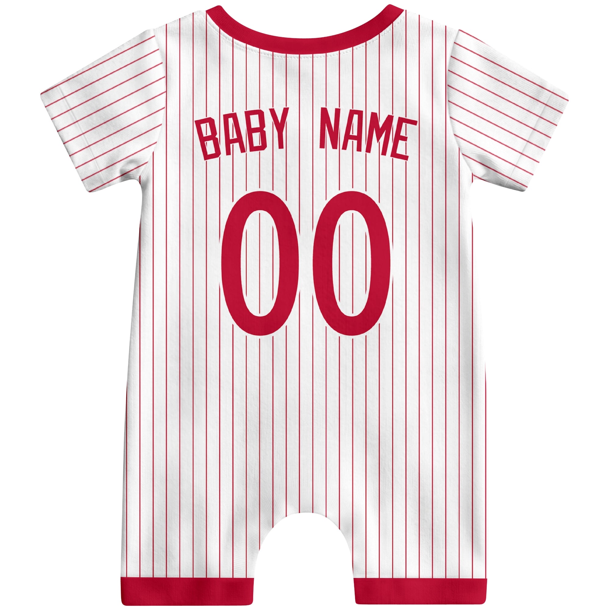 Back view of white custom baby romper with personalized name and number