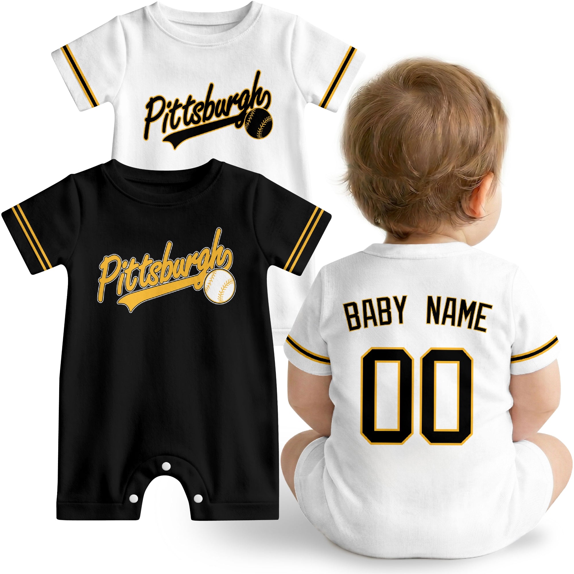 Pittsburgh Baby wearing custom baseball-style romper in black and yellow with personalized name and number, shown beside two additional sporty color variations