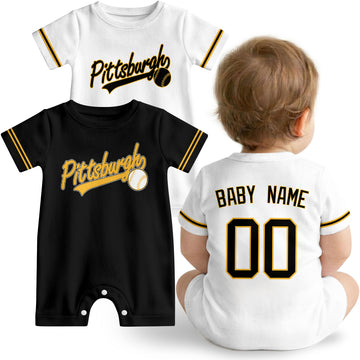 Pittsburgh Baby wearing custom baseball-style romper in black and yellow with personalized name and number, shown beside two additional sporty color variations