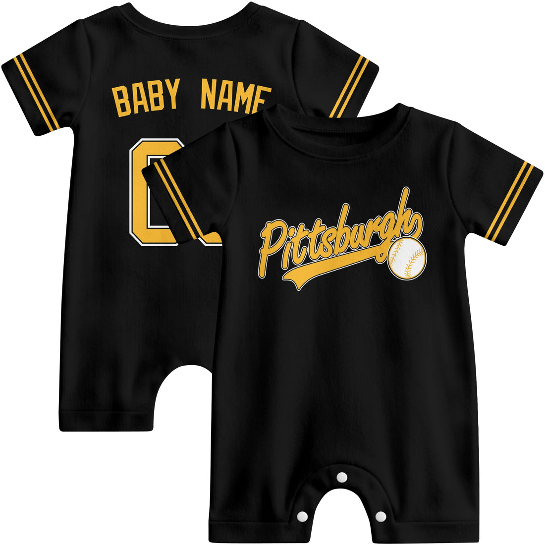 Pittsburgh Baby wearing custom baseball-style romper in black and yellow with personalized name and number, shown beside two additional sporty color variations