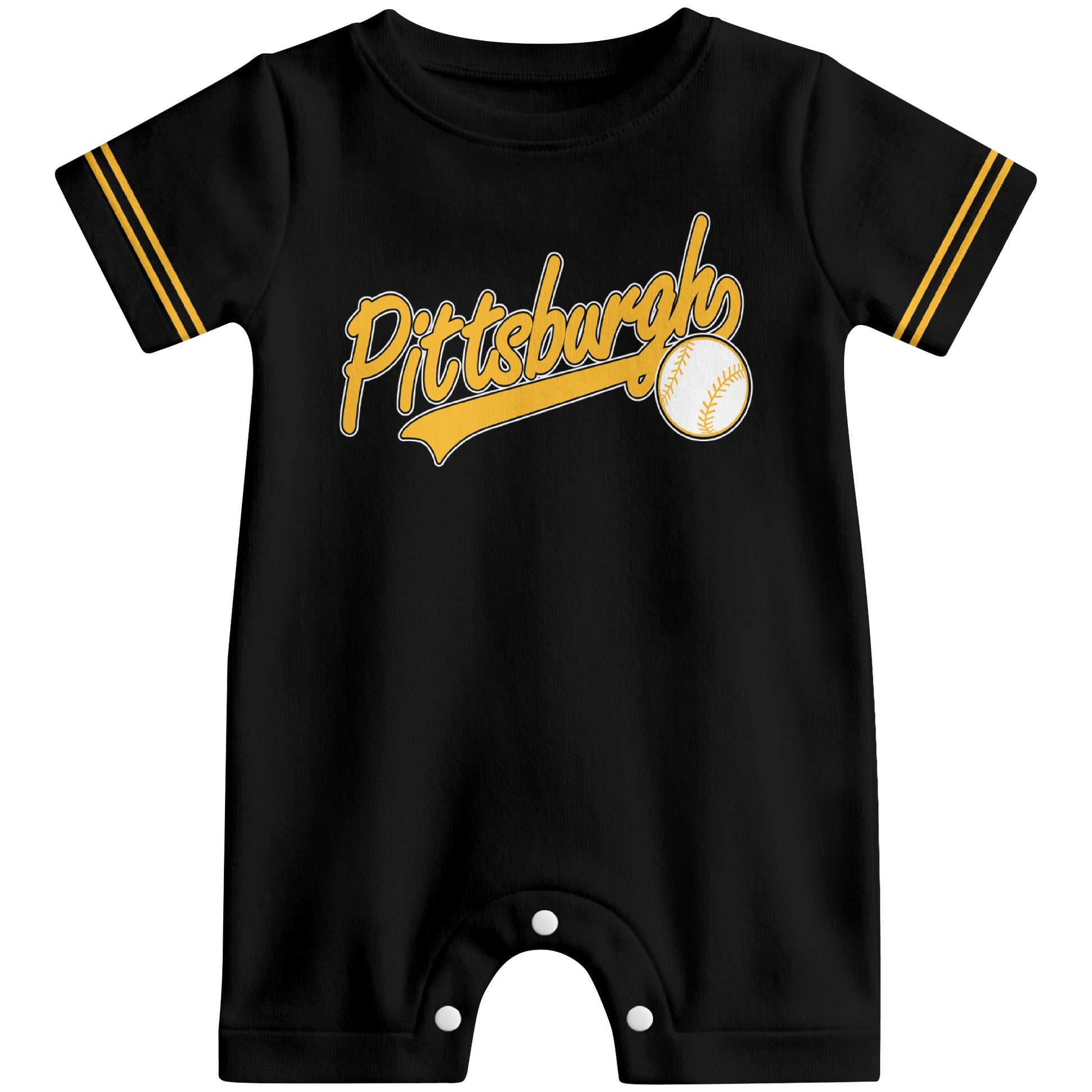 Front view of black custom baseball-style baby romper with team-inspired text design