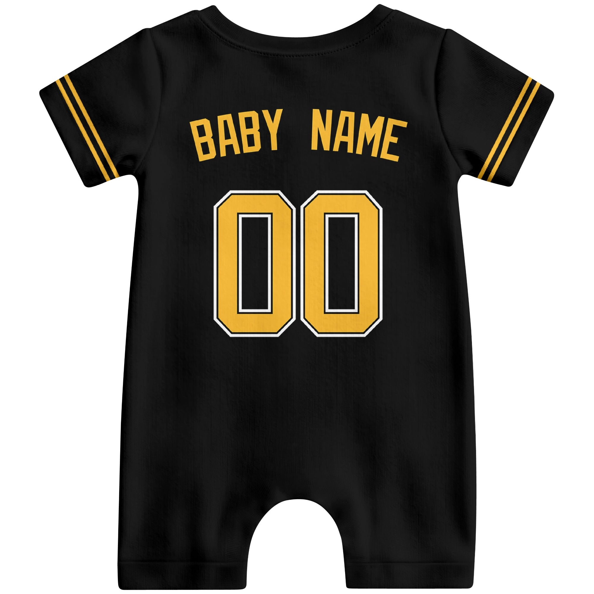 Back view of black custom baby romper with personalized name and number