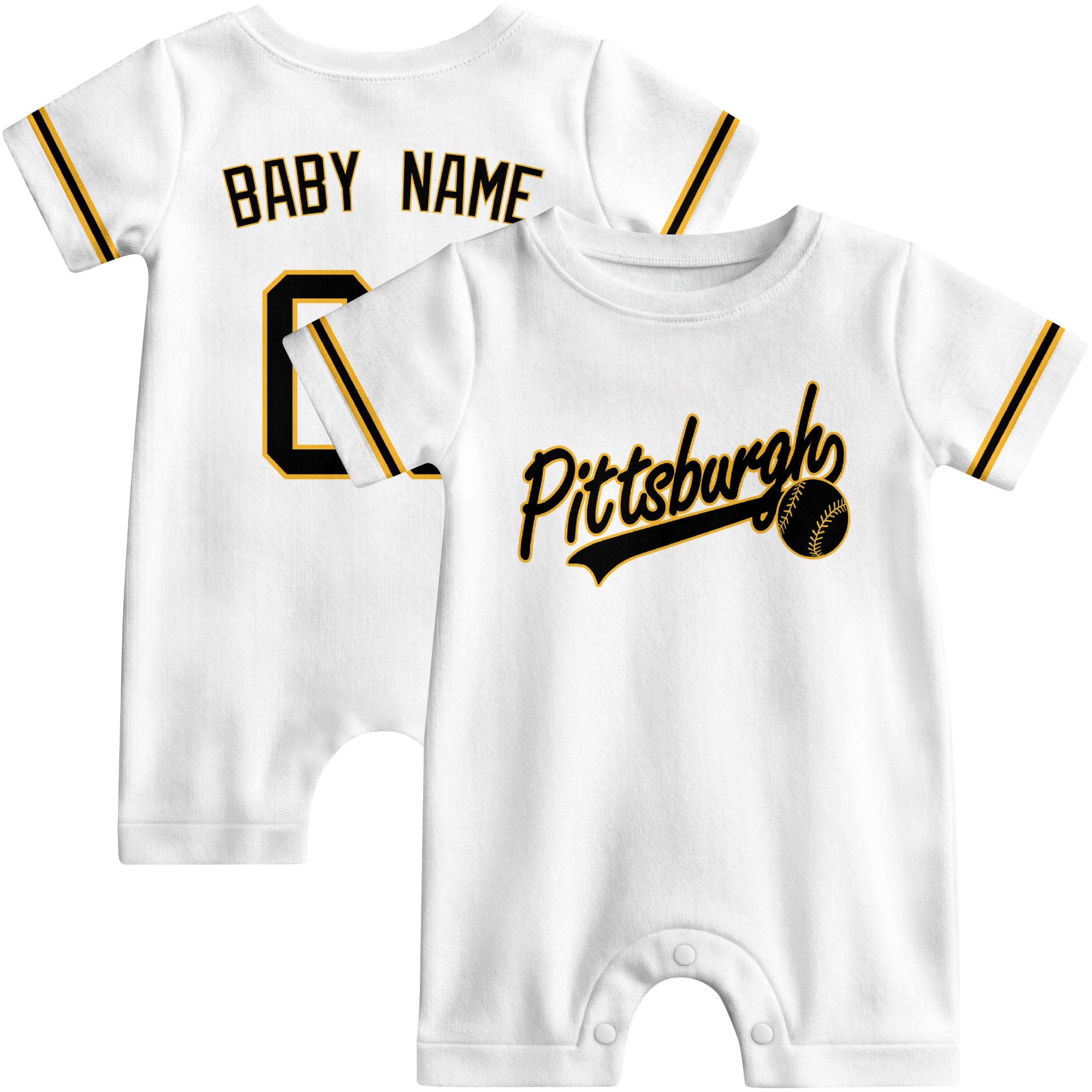 Front and back view of yellow custom baseball-style baby romper