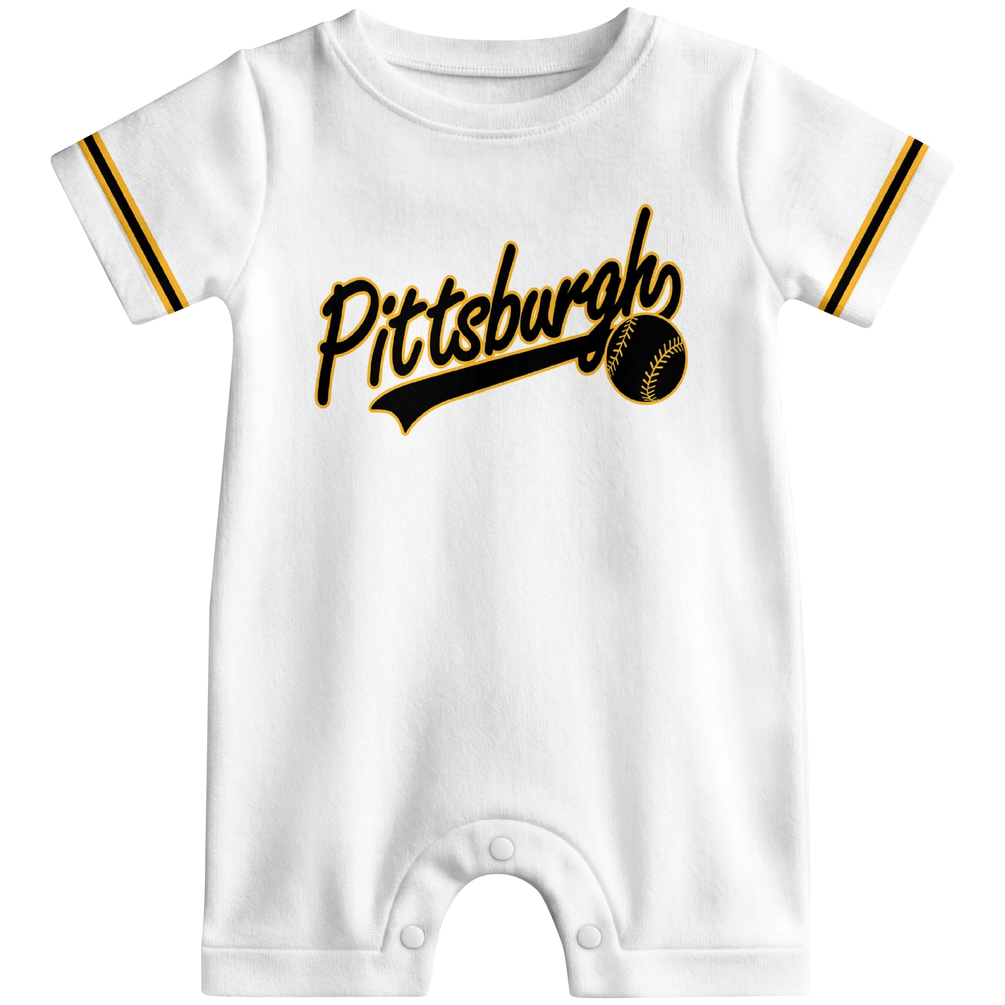 Front view of yellow custom baseball-style baby romper with team-inspired text design