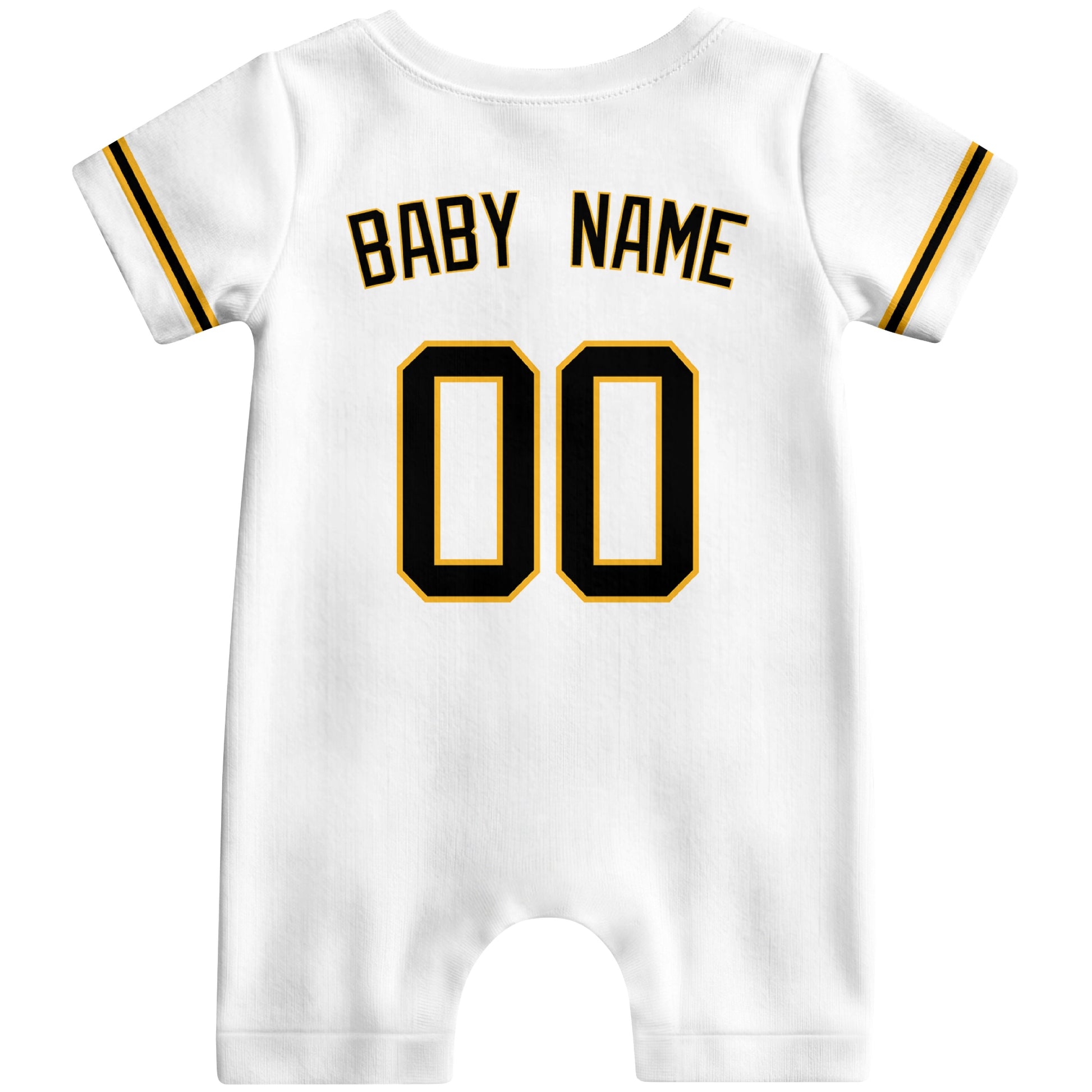 Back view of yellow custom baby romper with personalized name and number