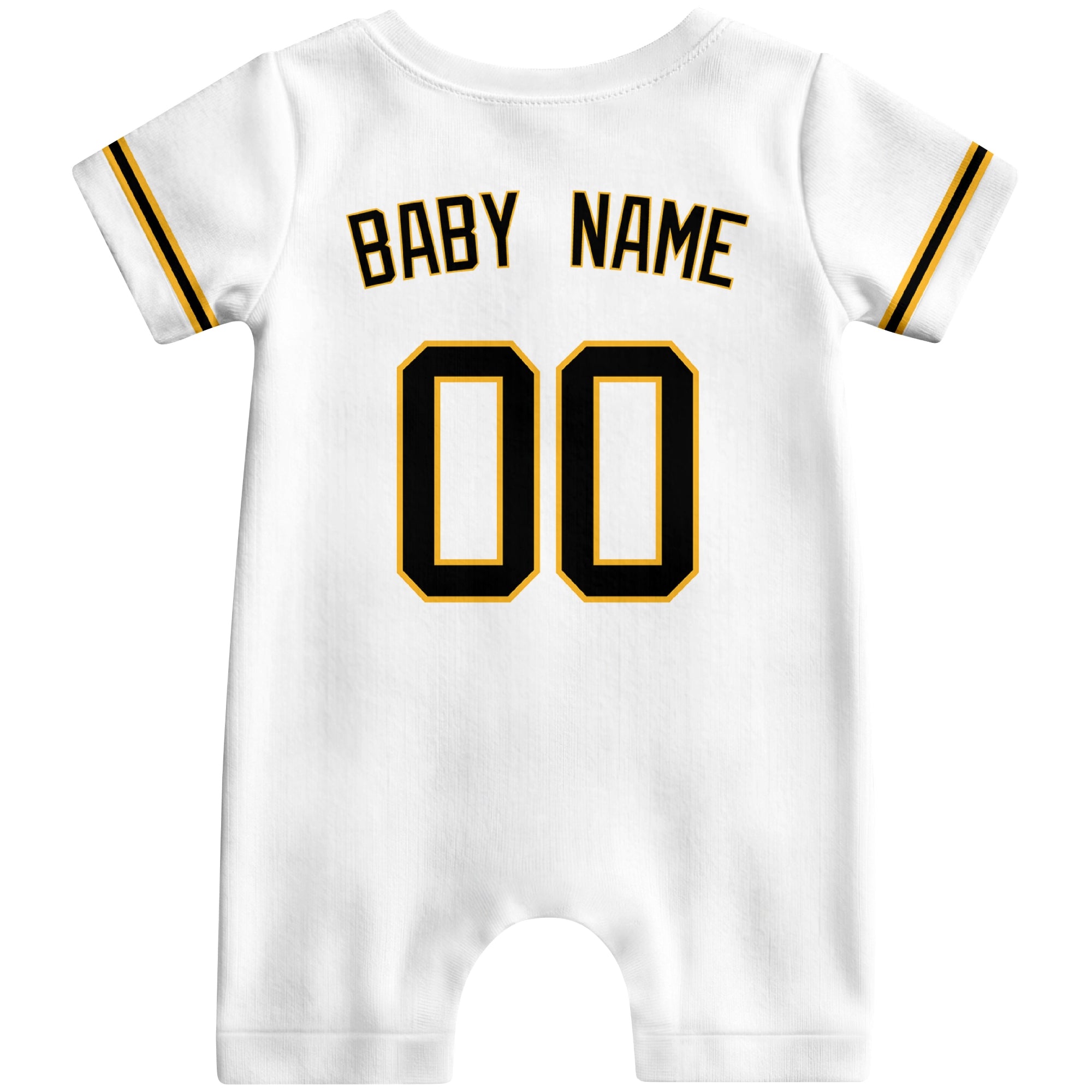 Back view of yellow custom baby romper with personalized name and number