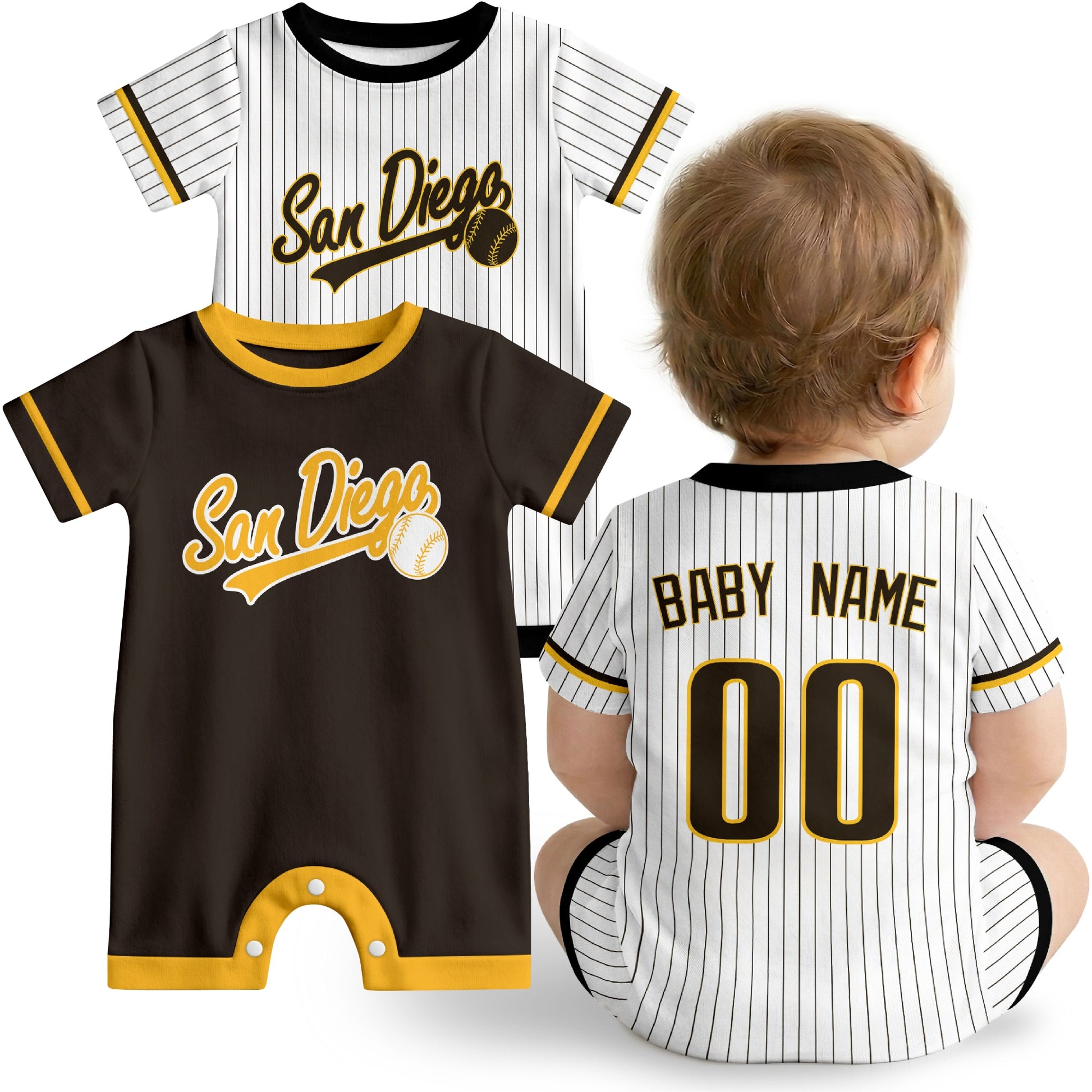 San Diego Baby wearing custom baseball-style romper in brown and yellow with personalized name and number, shown beside two additional sporty color variations