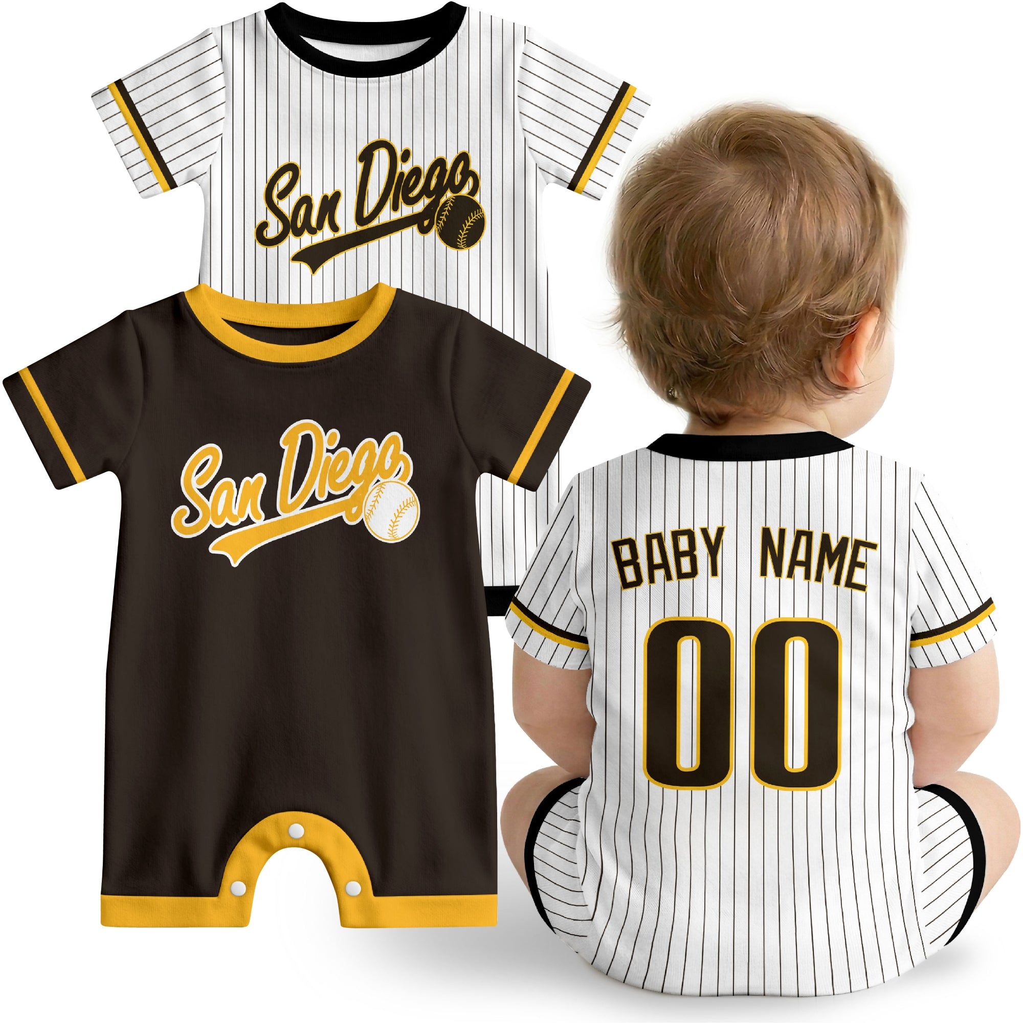 San Diego Baby wearing custom baseball-style romper in brown and yellow with personalized name and number, shown beside two additional sporty color variations