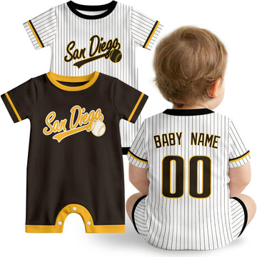San Diego Baby wearing custom baseball-style romper in brown and yellow with personalized name and number, shown beside two additional sporty color variations