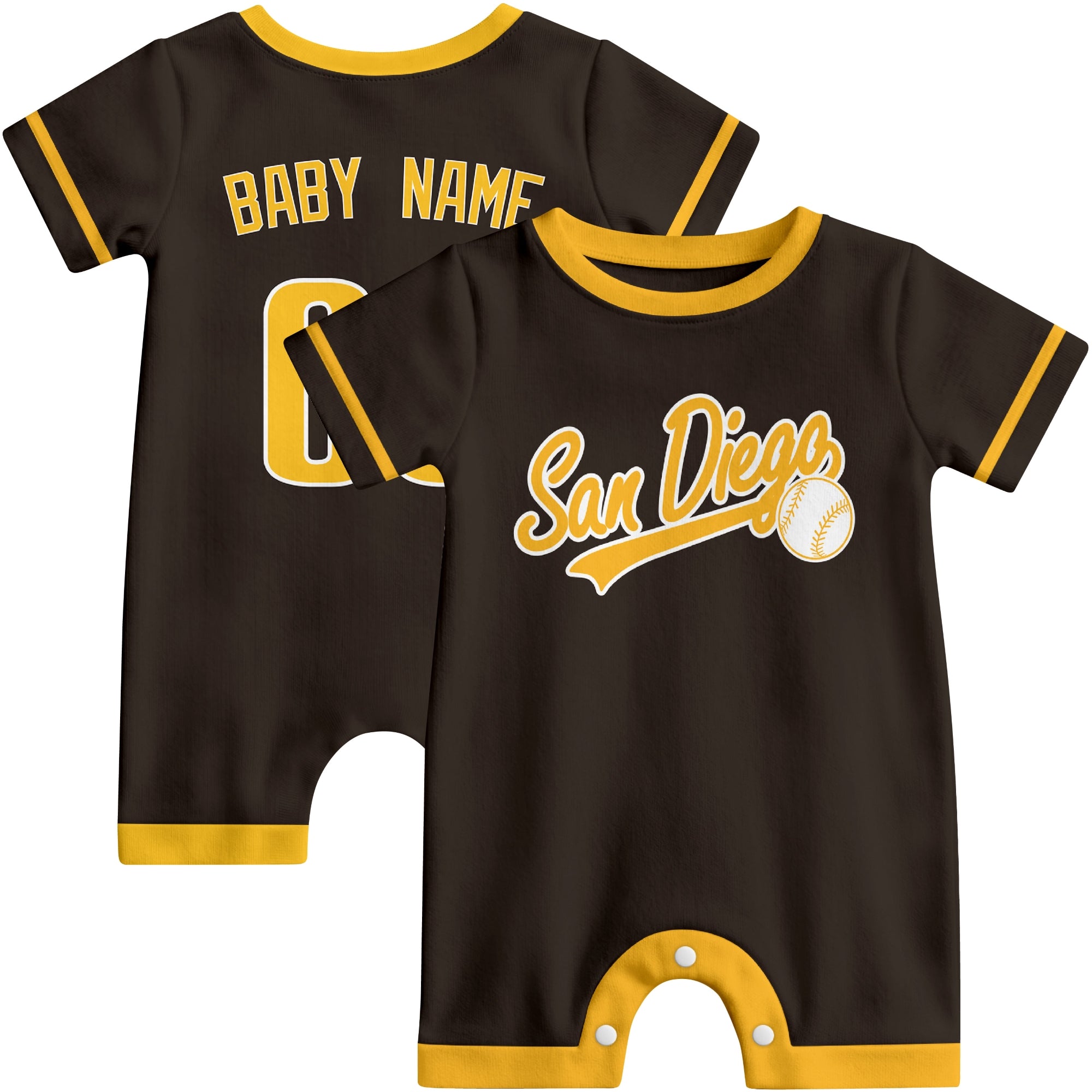 Front and back view of brown and yellow custom baseball-style baby romper