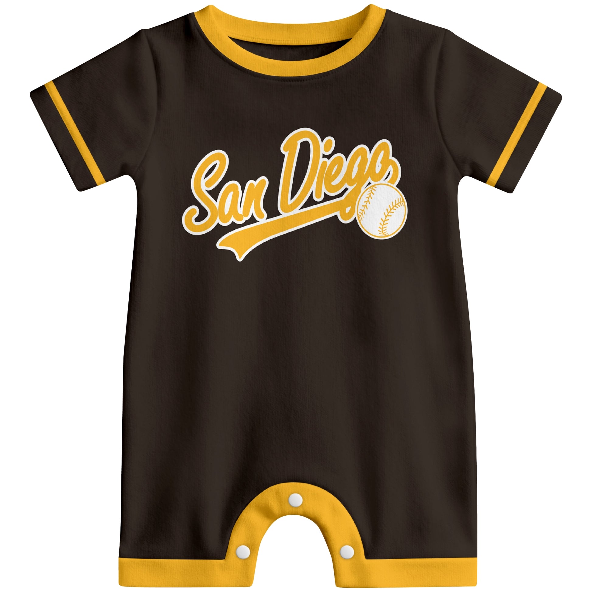 Front view of brown custom baseball-style baby romper with team-inspired text design