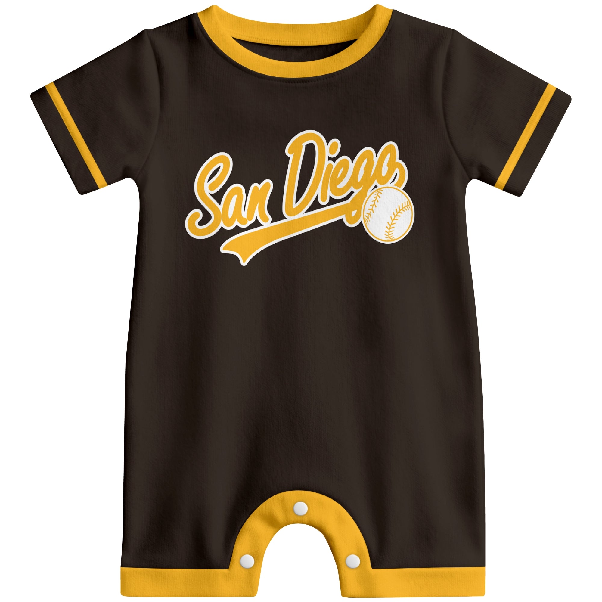 Front view of brown custom baseball-style baby romper with team-inspired text design