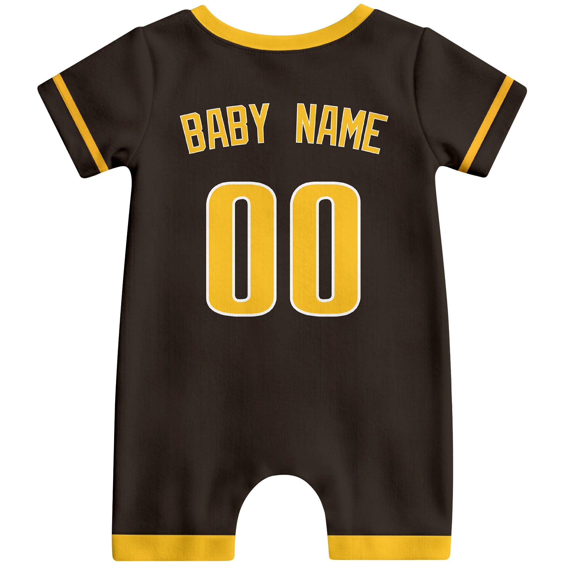Back view of brown custom baby romper with personalized name and number