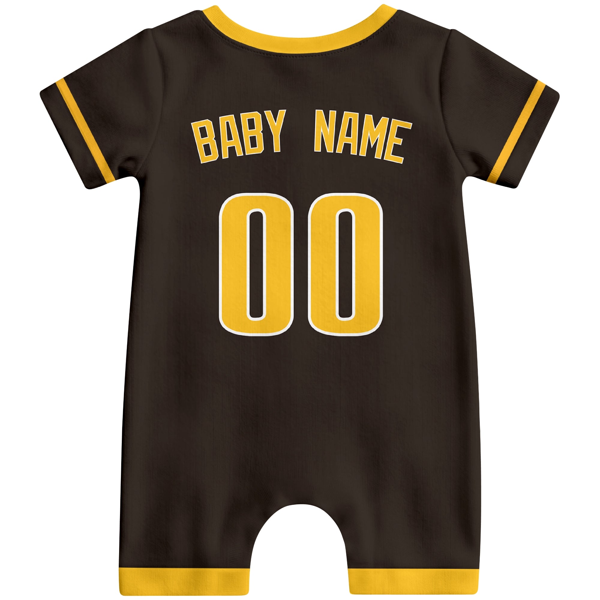 Back view of brown custom baby romper with personalized name and number