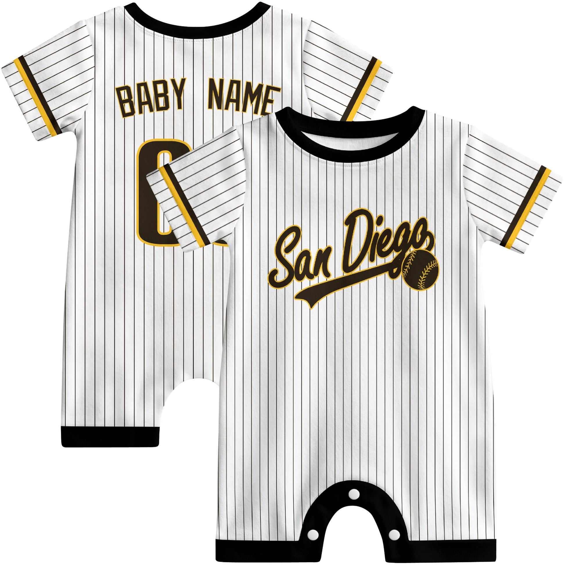 Front and back view of yellow custom baseball-style baby romper