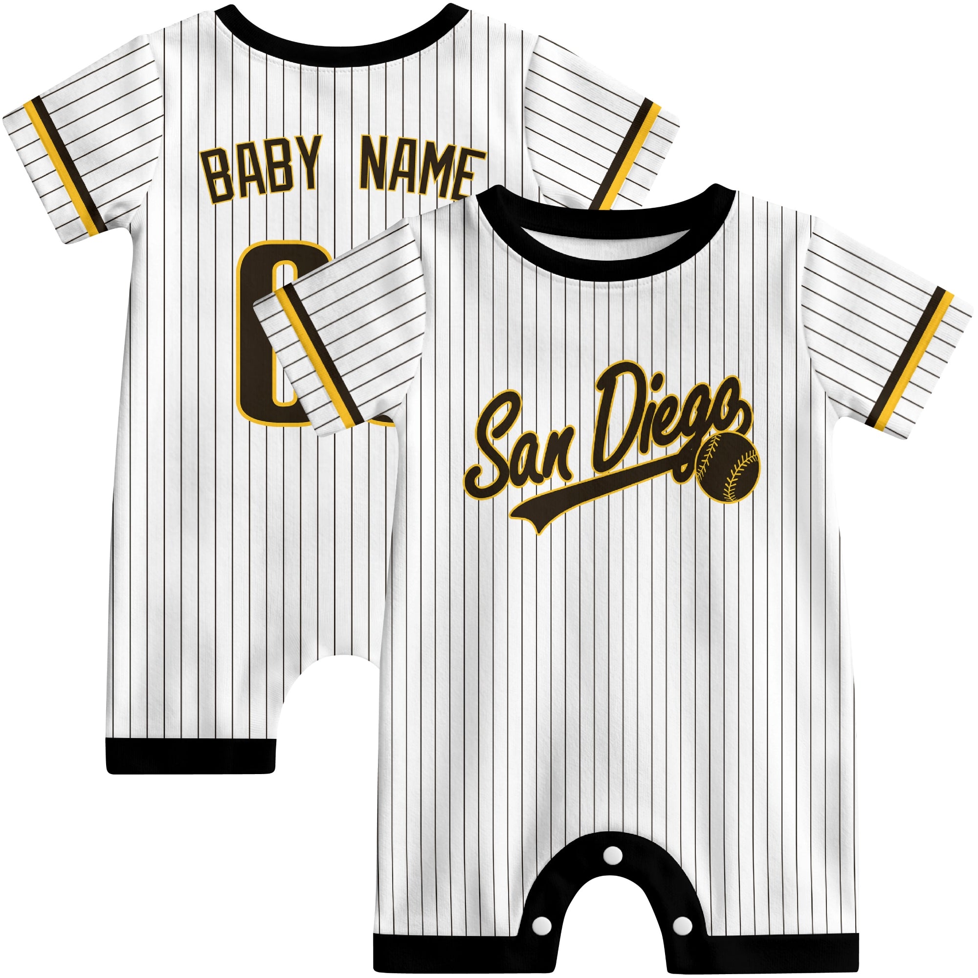 Front and back view of yellow custom baseball-style baby romper