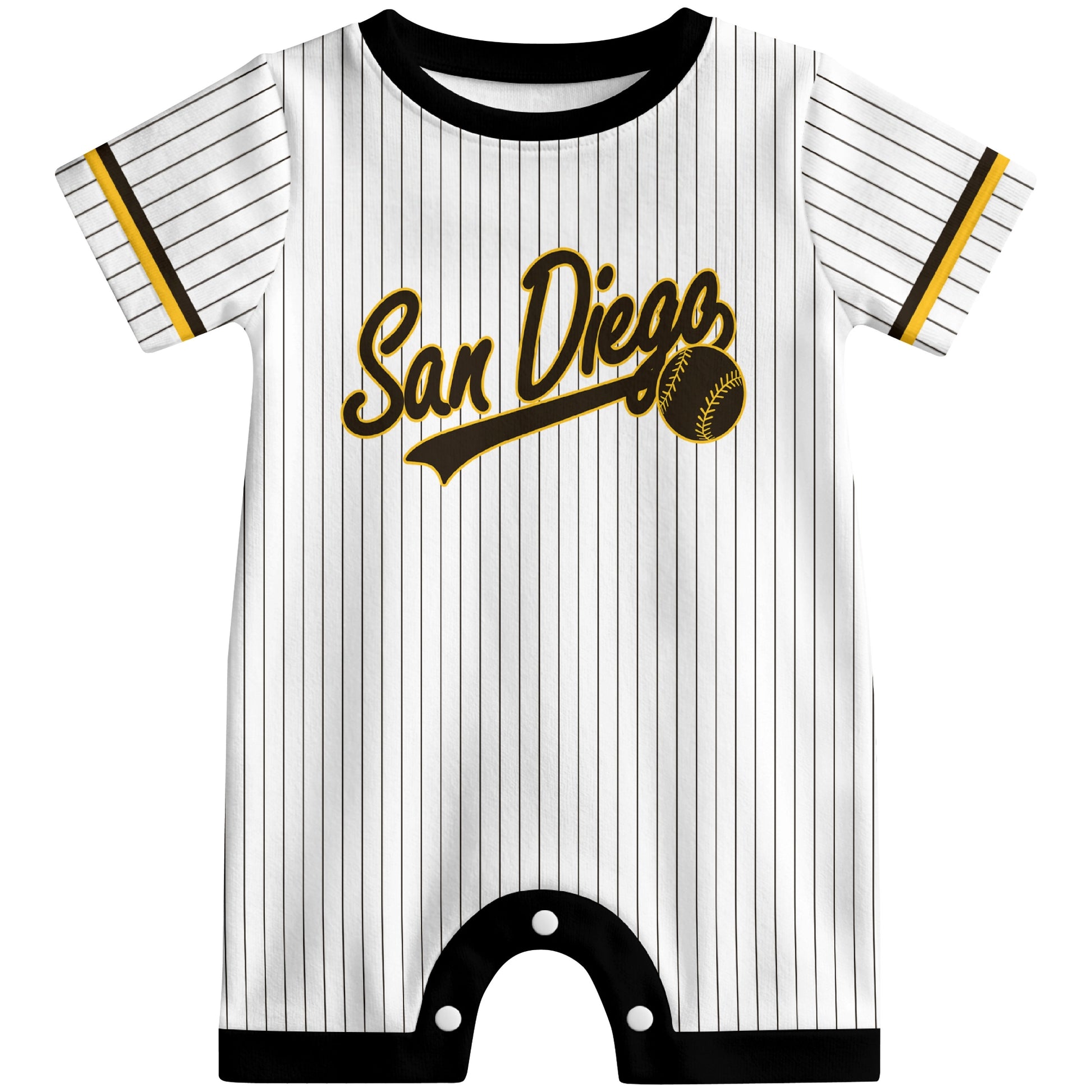 Front view of yellow custom baseball-style baby romper with team-inspired text design